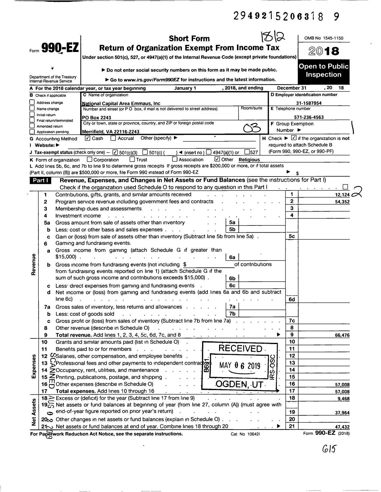 Image of first page of 2018 Form 990EZ for National Capital Area Emmaus