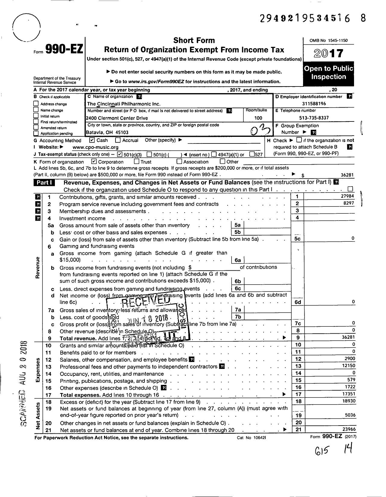 Image of first page of 2017 Form 990EZ for The Cincinnati Philharmonic