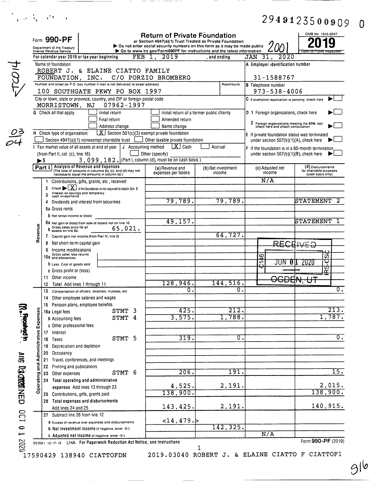 Image of first page of 2019 Form 990PR for Robert J and Elaine Ciatto Family Foundation