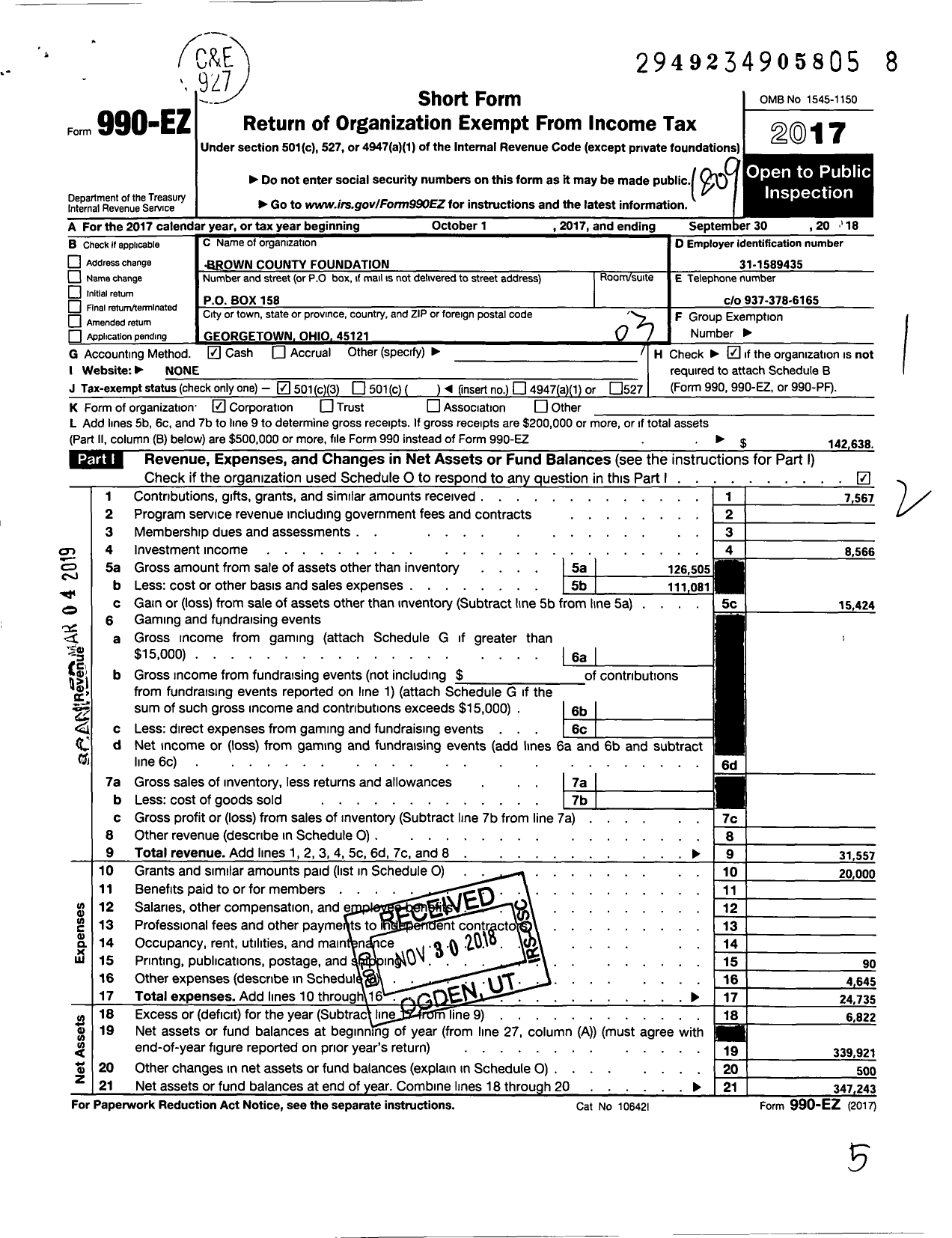 Image of first page of 2017 Form 990EZ for Brown County Foundation