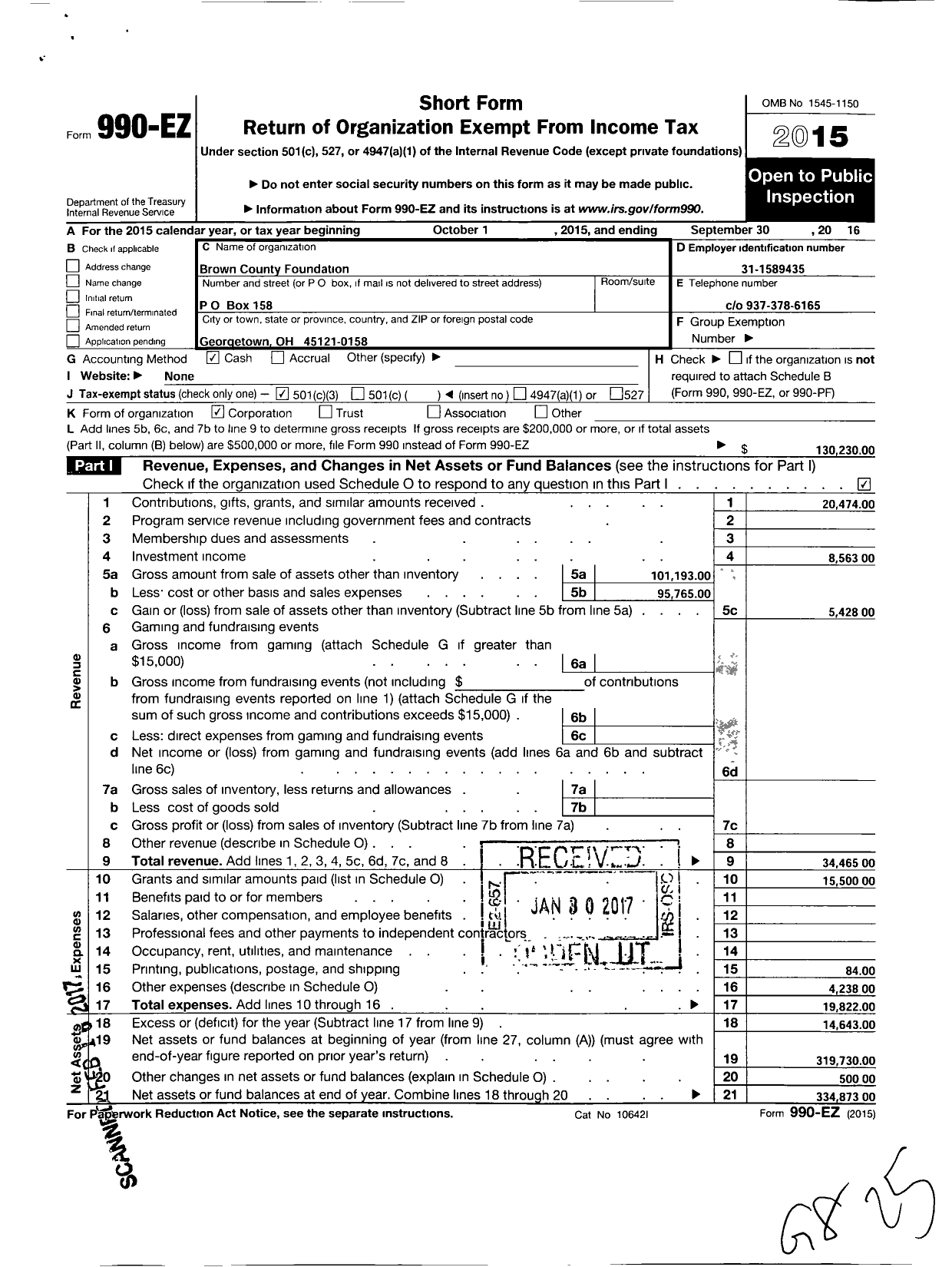 Image of first page of 2015 Form 990EZ for Brown County Foundation