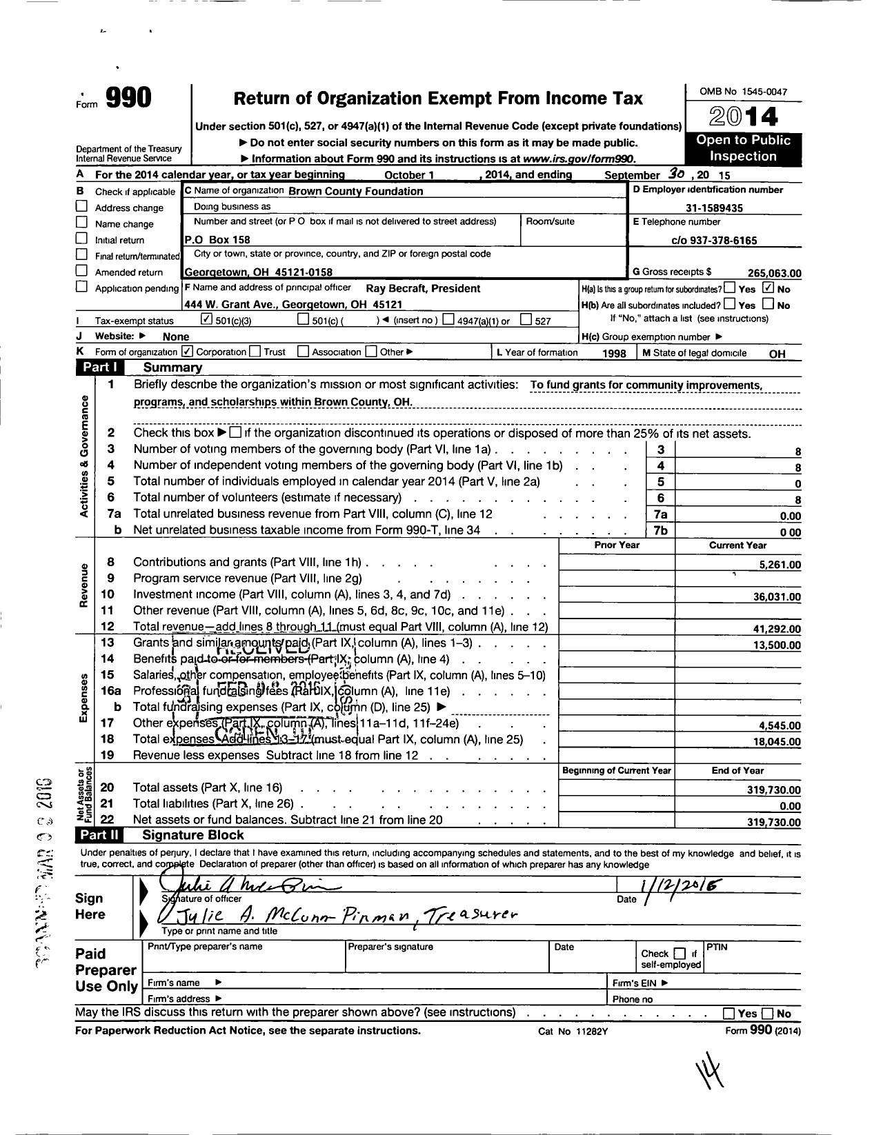 Image of first page of 2014 Form 990 for Brown County Foundation