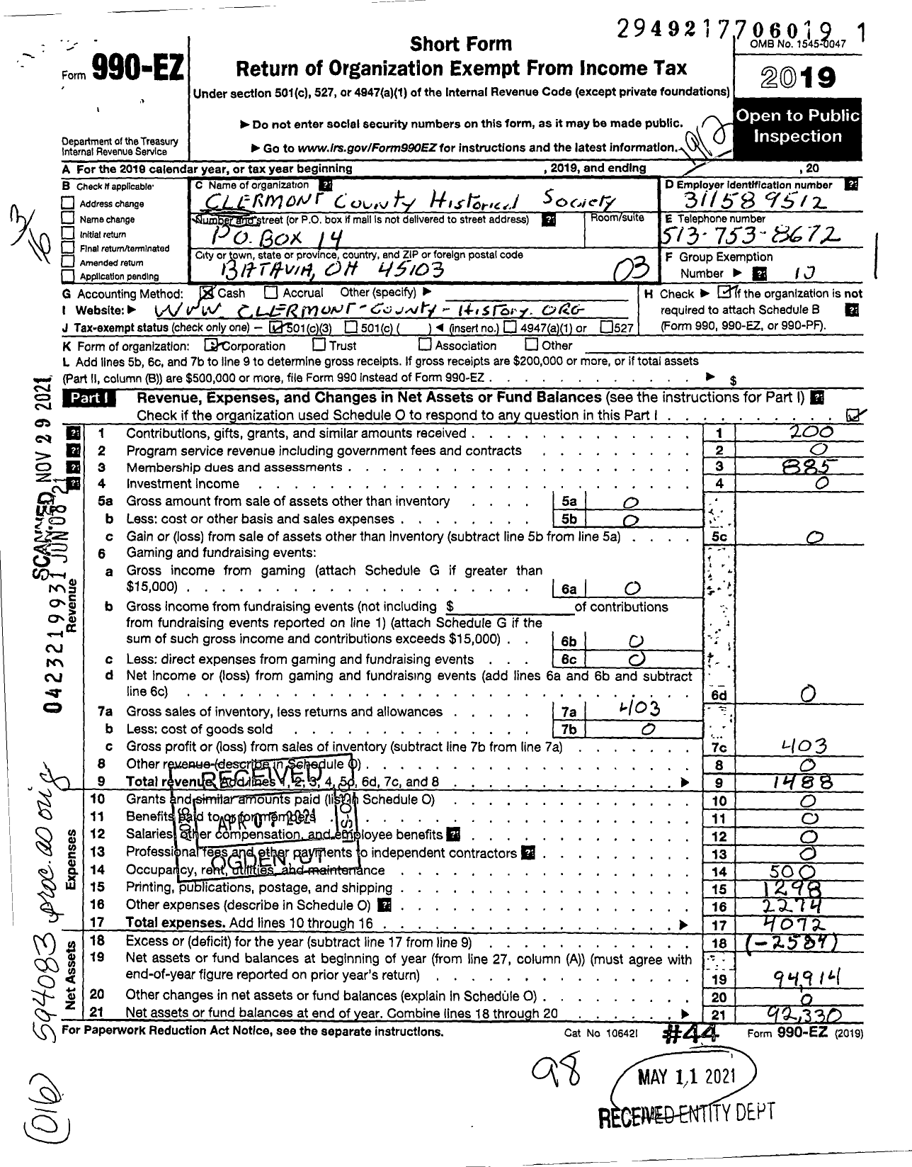 Image of first page of 2019 Form 990EZ for Clermont County Historical Society