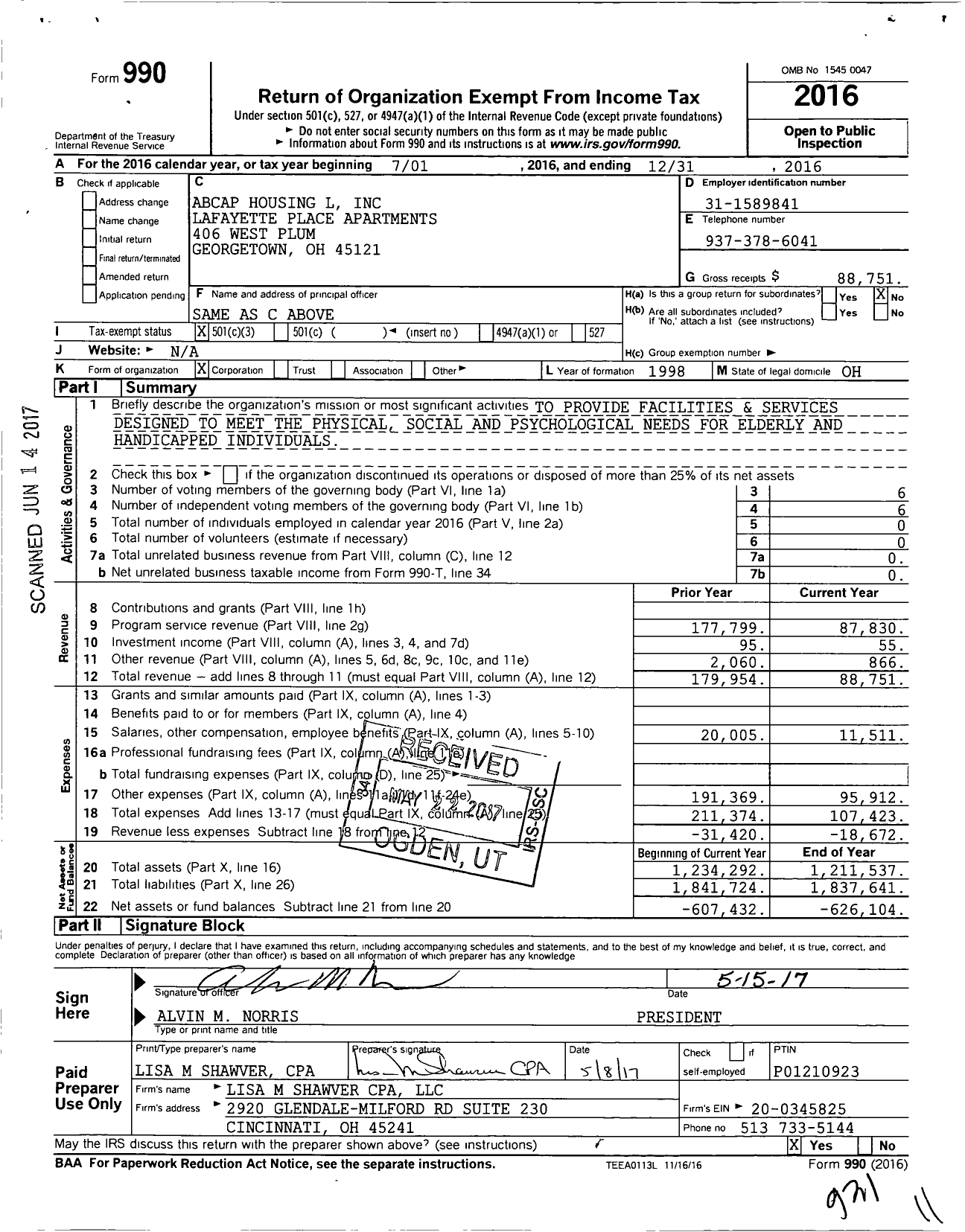 Image of first page of 2016 Form 990 for Abcap Housing L Lafayette Place Apartments