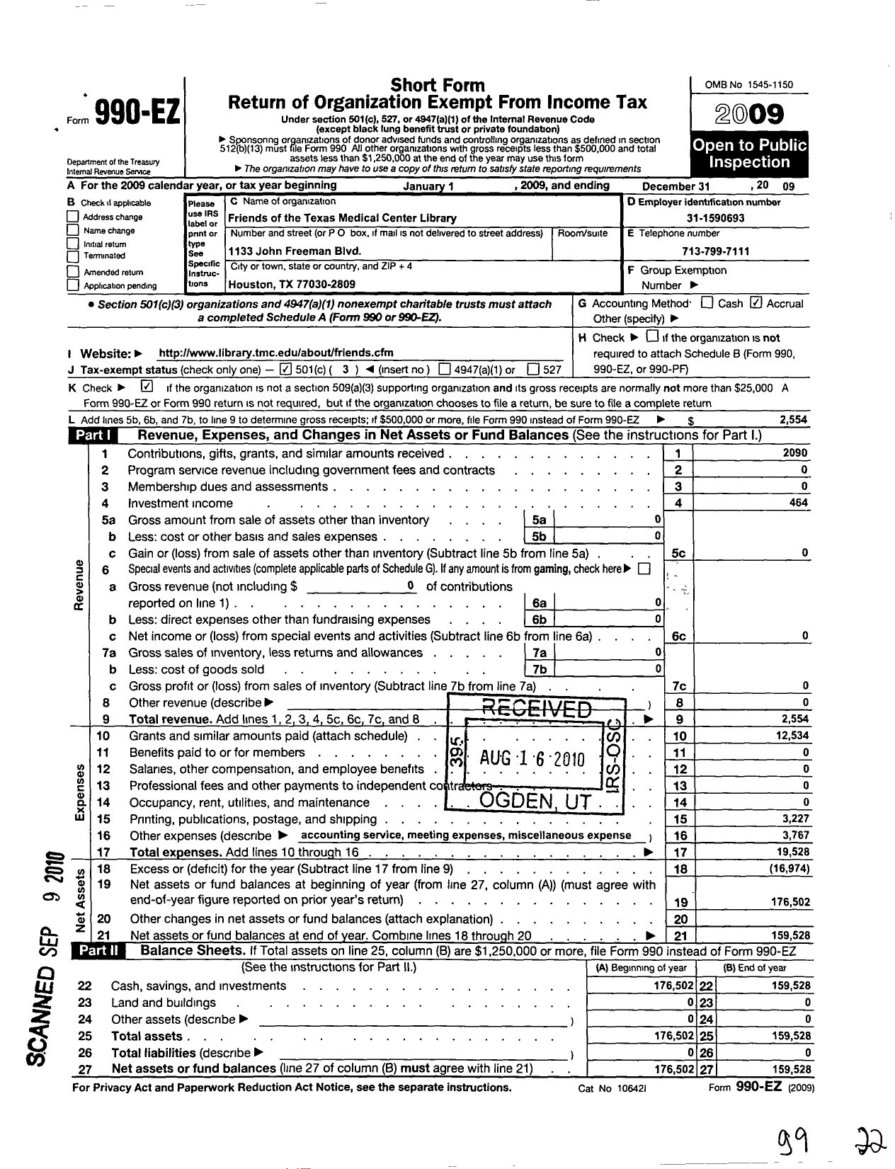 Image of first page of 2009 Form 990EZ for Friends of the Texas Medical Center Library