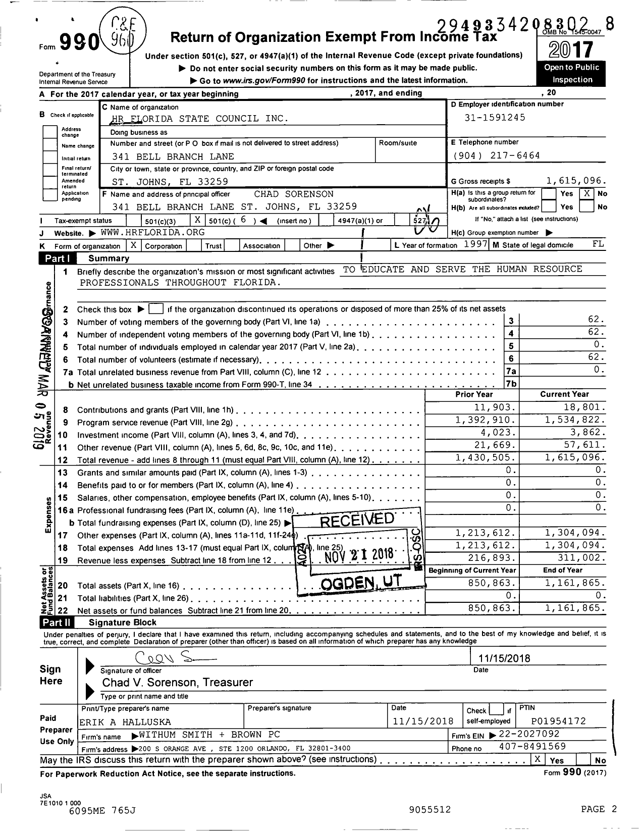 Image of first page of 2017 Form 990O for HR Florida State Council