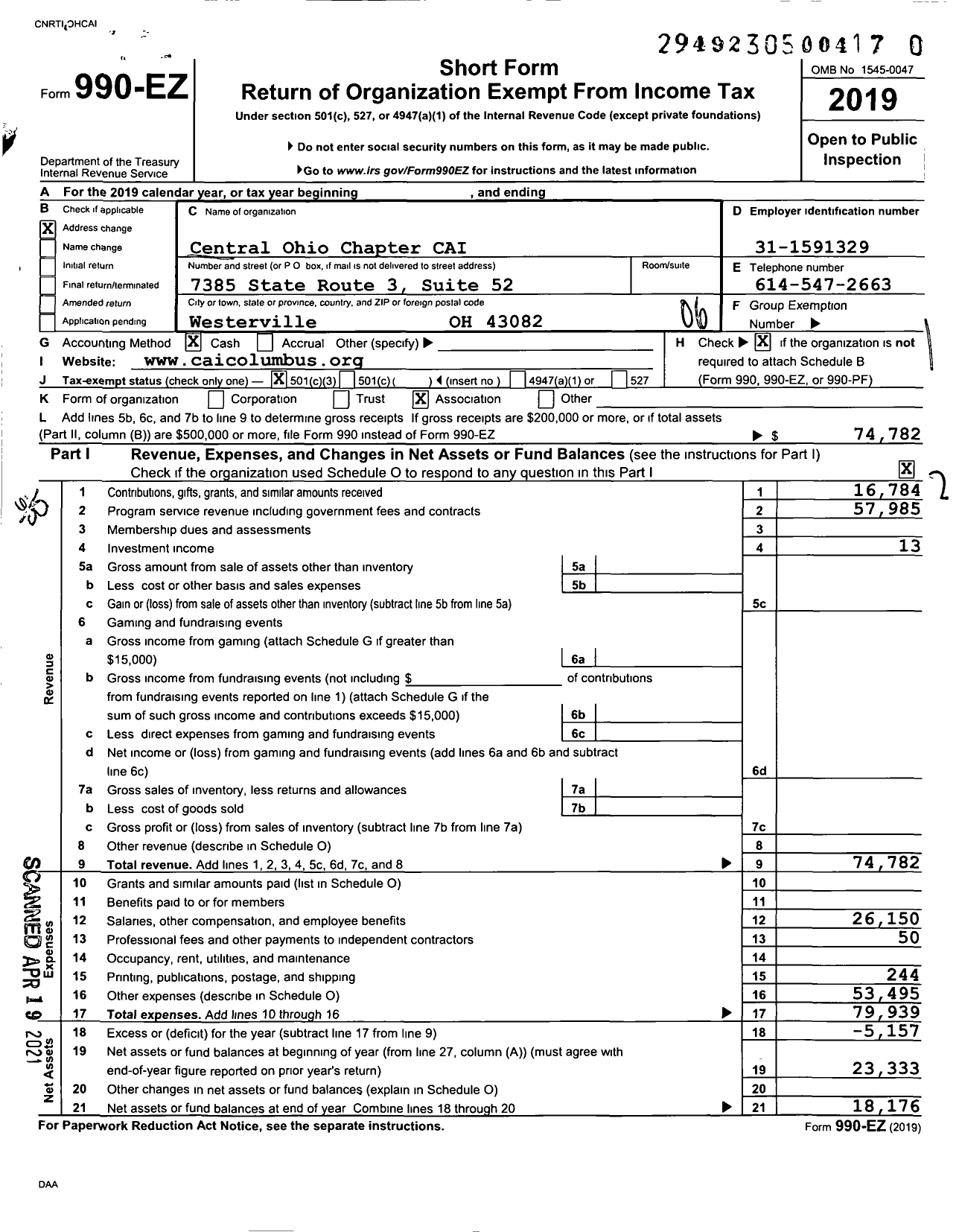 Image of first page of 2019 Form 990EO for Community Associations Institute - Central Ohio Chapter