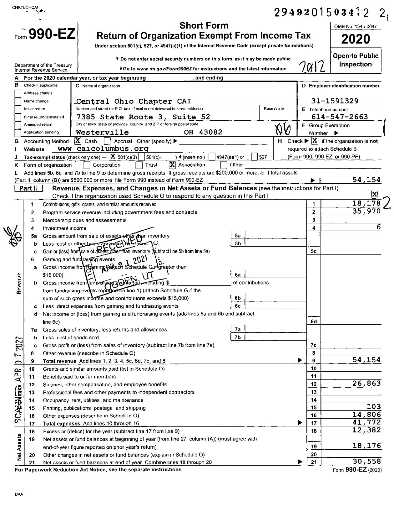 Image of first page of 2020 Form 990EO for Community Associations Institute - Central Ohio Chapter