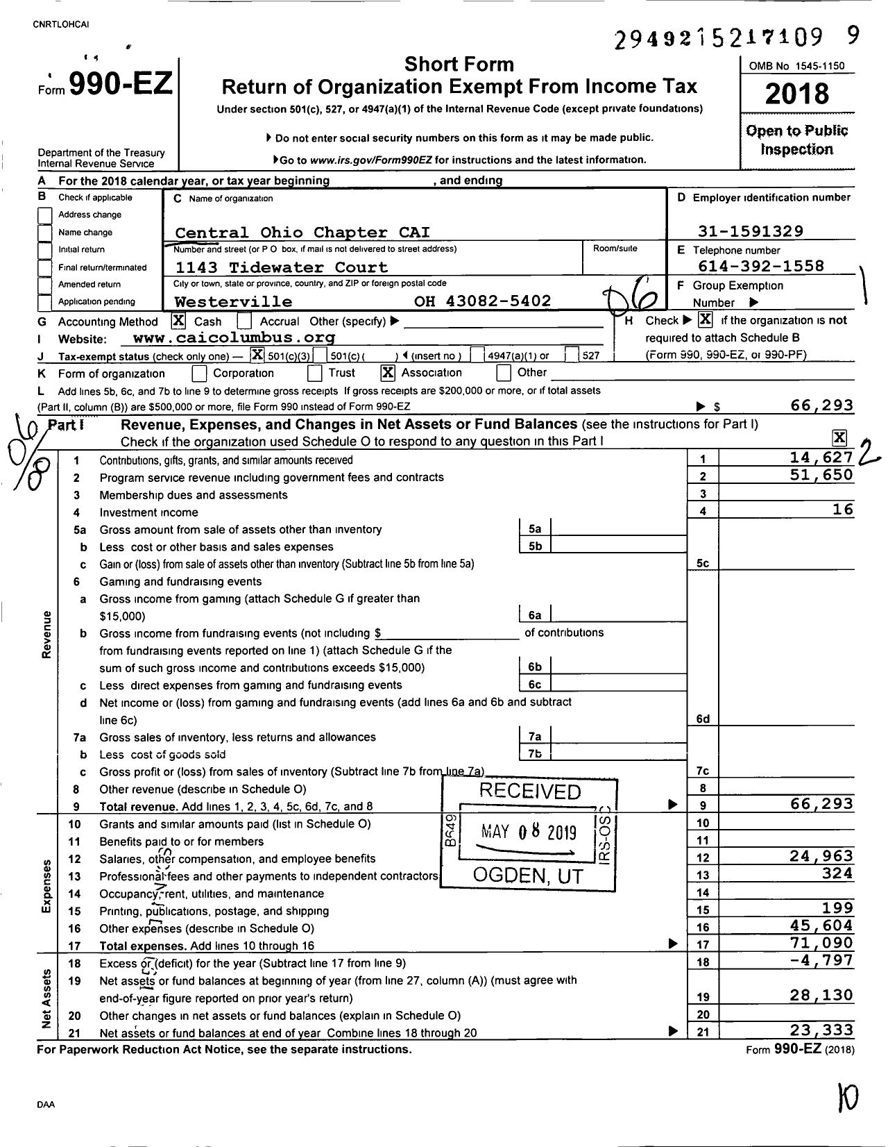 Image of first page of 2018 Form 990EO for Community Associations Institute - Central Ohio Chapter