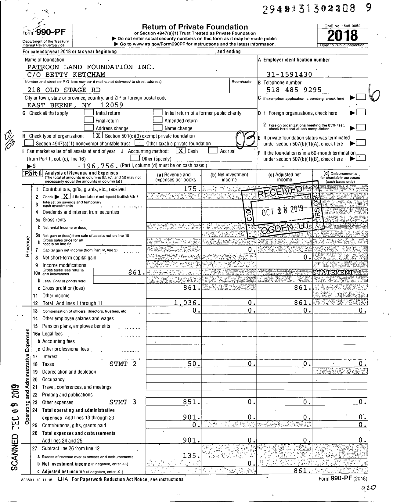 Image of first page of 2018 Form 990PF for Patroon Land Foundation