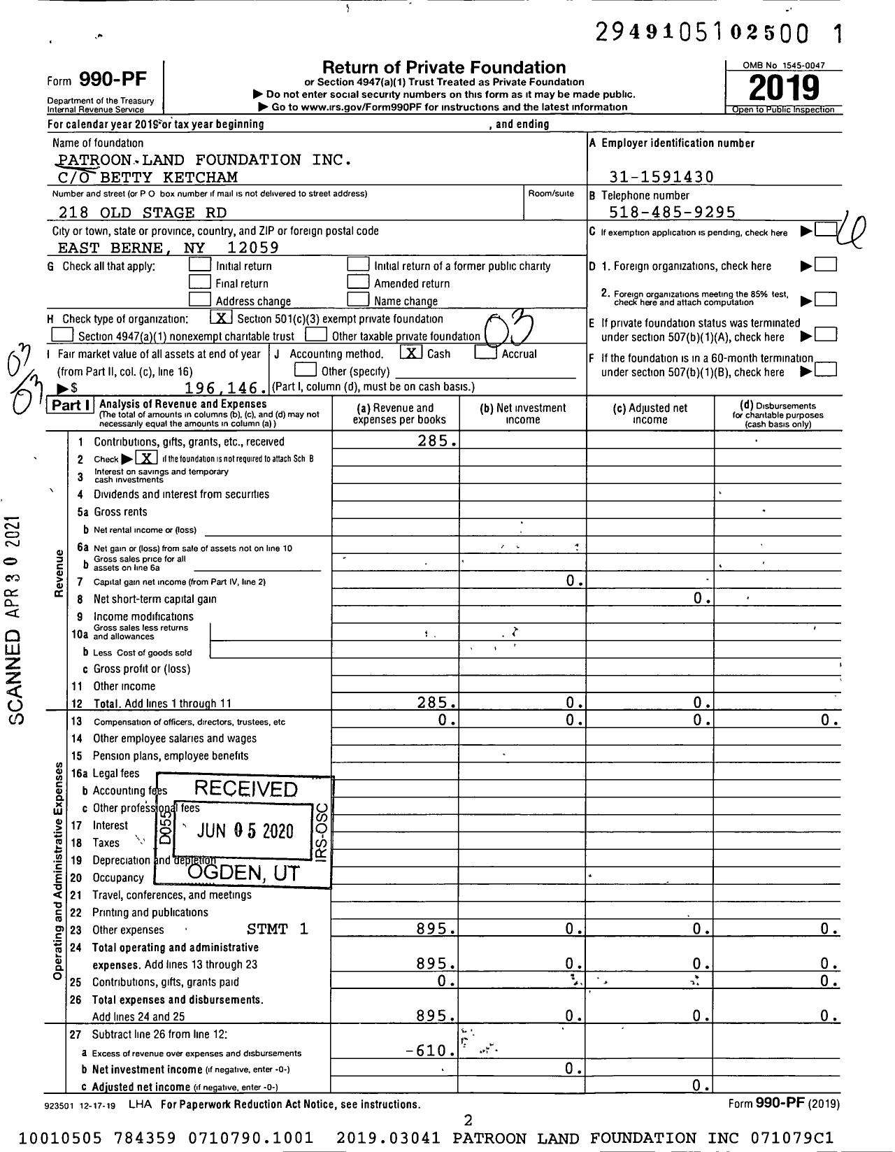 Image of first page of 2019 Form 990PF for Patroon Land Foundation