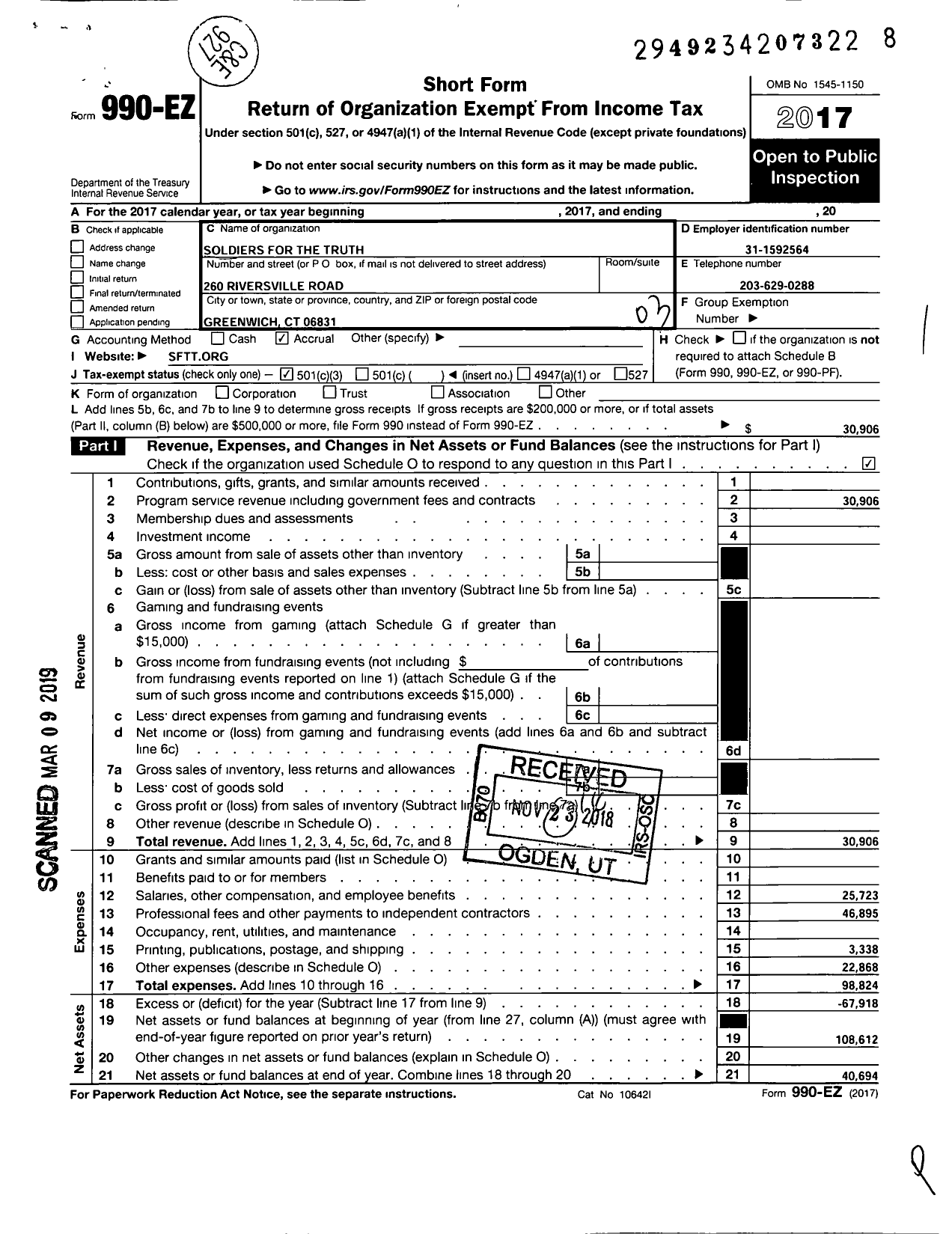 Image of first page of 2017 Form 990EZ for Soldiers for the Truth Foundation