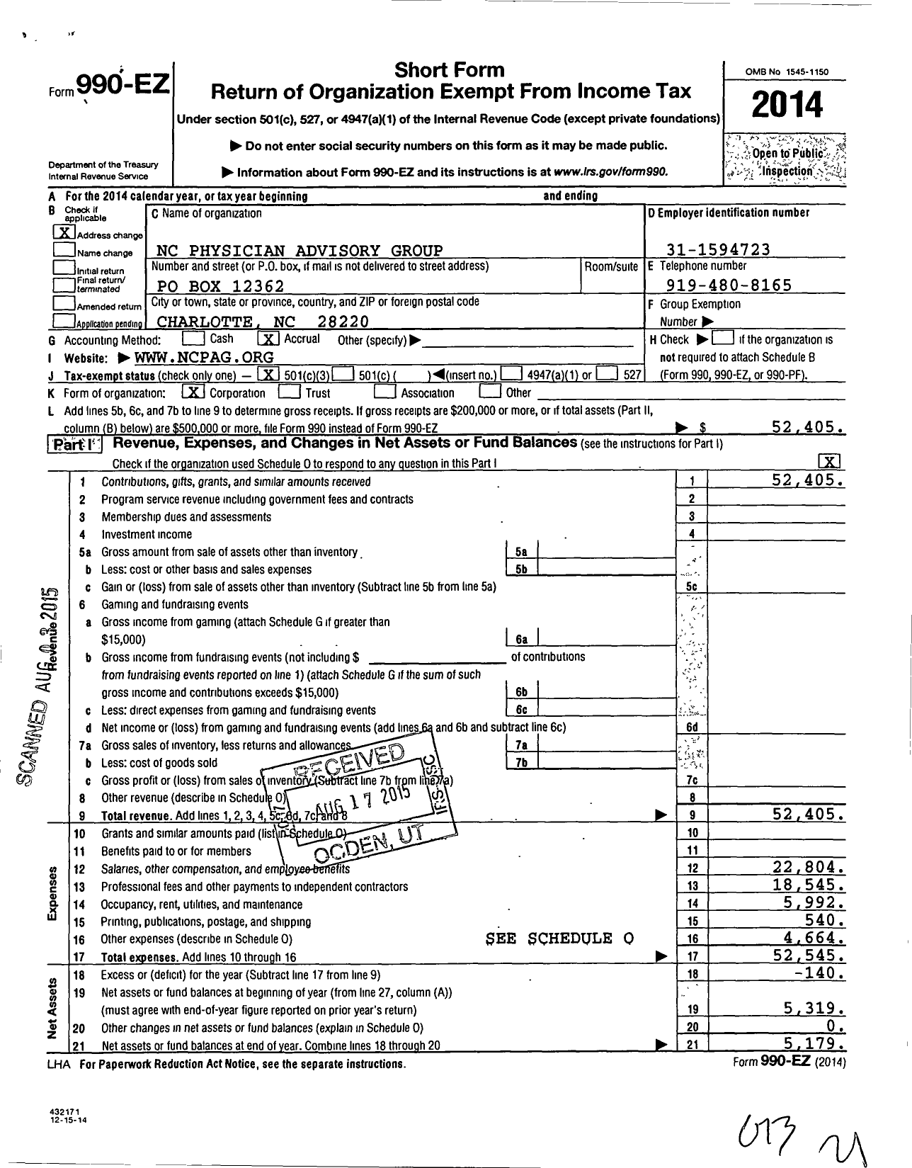 Image of first page of 2014 Form 990EZ for NC Physician Advisory Group