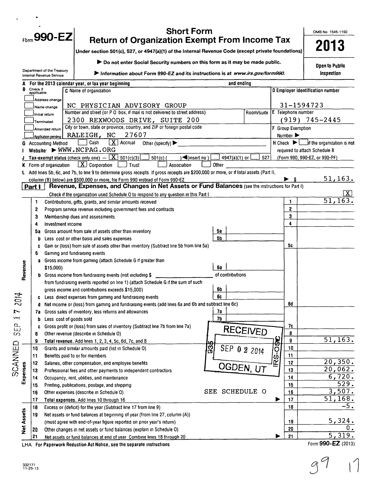 Image of first page of 2013 Form 990EZ for NC Physician Advisory Group