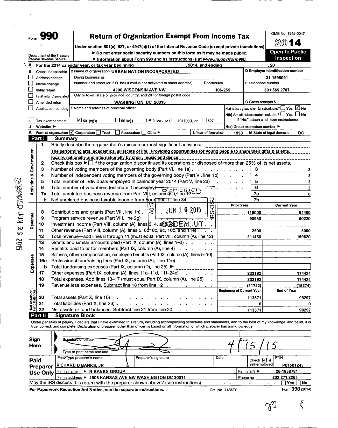 Image of first page of 2014 Form 990 for Urban Nation