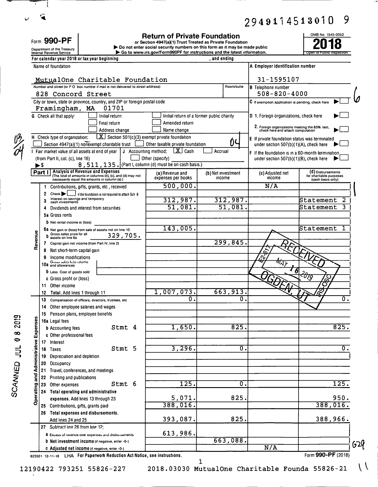 Image of first page of 2018 Form 990PF for MutualOne Charitable Foundation