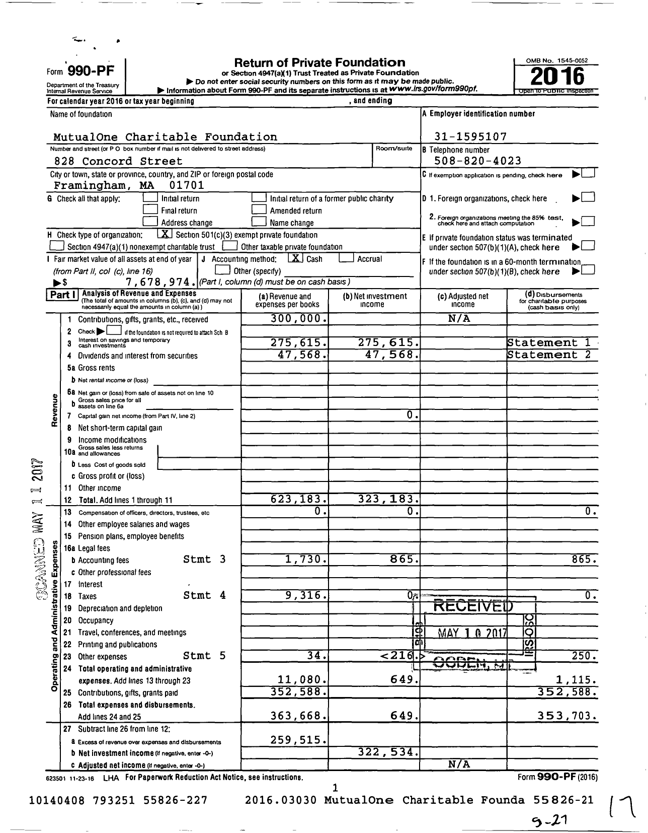 Image of first page of 2016 Form 990PF for MutualOne Charitable Foundation
