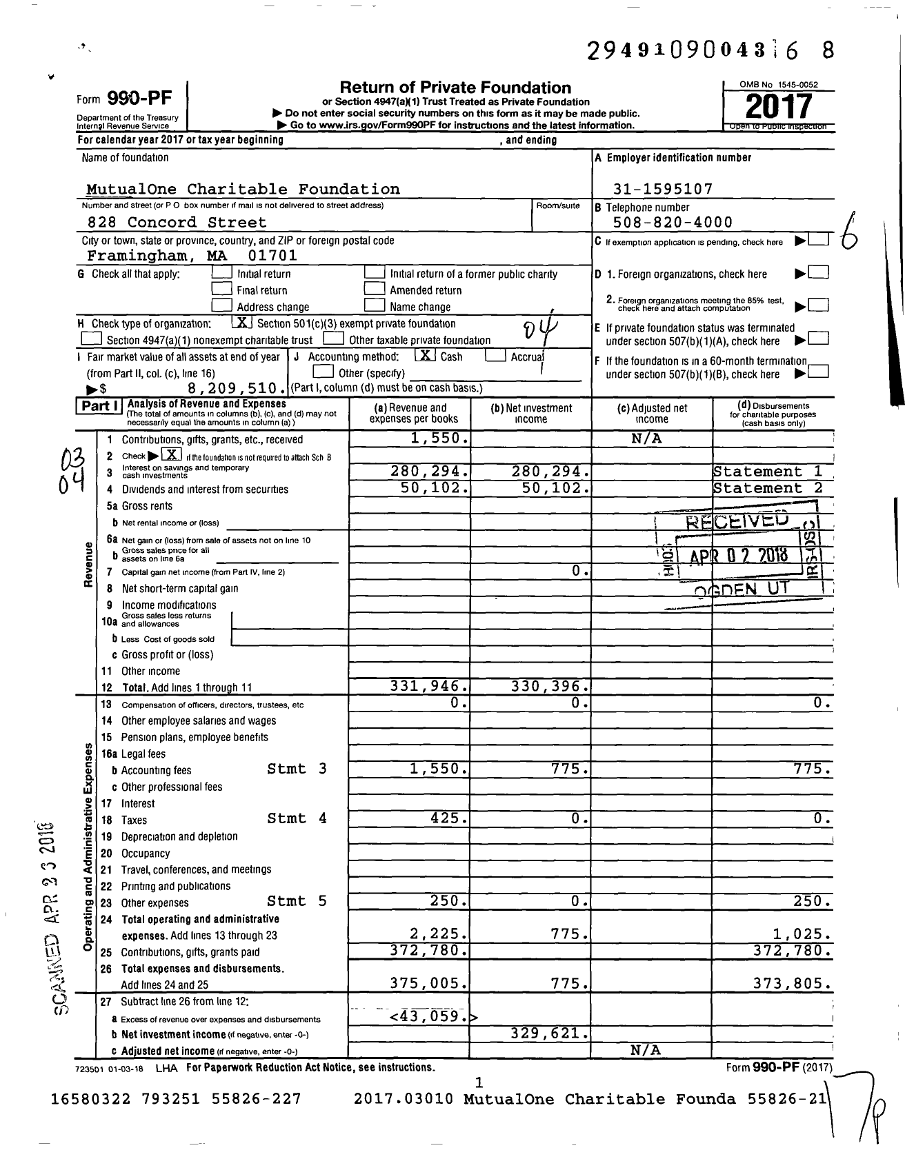 Image of first page of 2017 Form 990PF for MutualOne Charitable Foundation