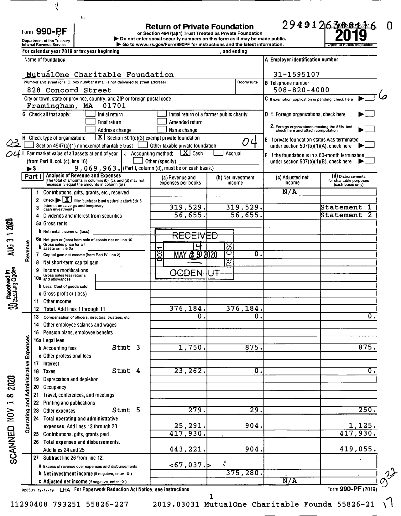 Image of first page of 2019 Form 990PF for MutualOne Charitable Foundation