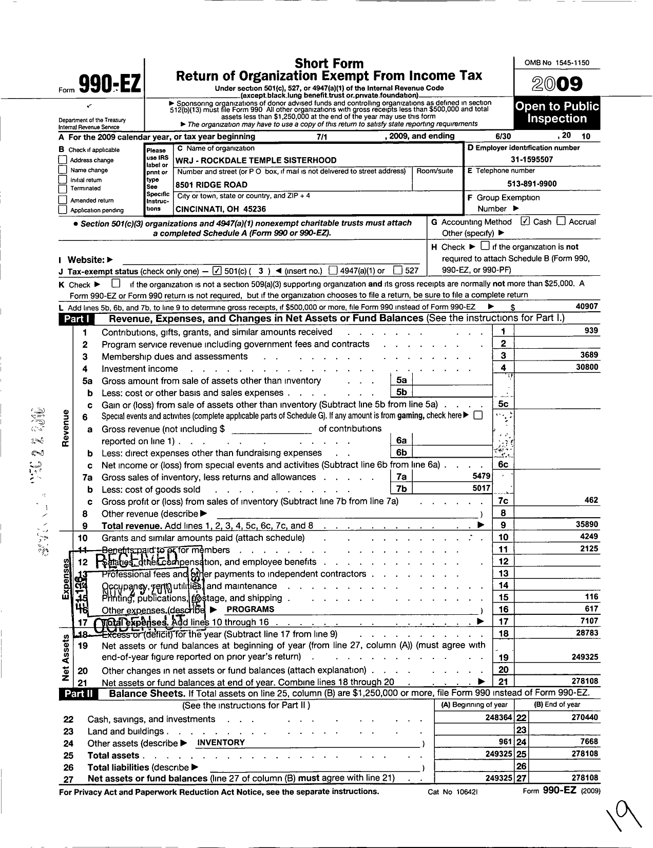 Image of first page of 2009 Form 990EZ for Rockdale Temple Women of Reform Judaism Rockdale Temple Sisterhood