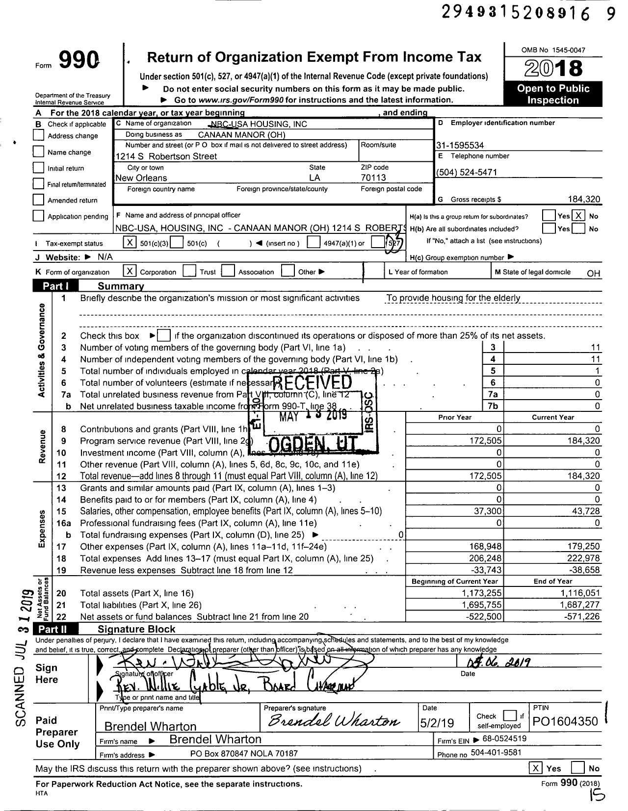 Image of first page of 2018 Form 990 for NBC USA Housing Canaan Manor Oh