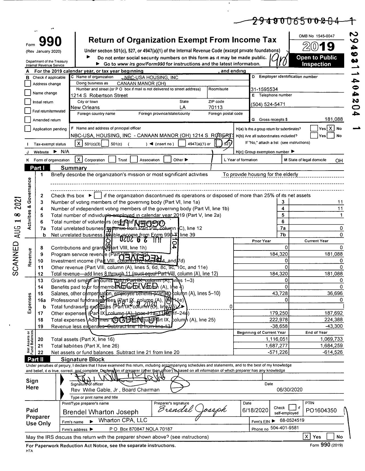 Image of first page of 2019 Form 990 for NBC USA Housing Canaan Manor Oh