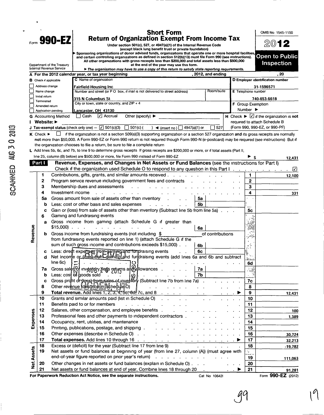 Image of first page of 2012 Form 990EZ for Fairfield Housing