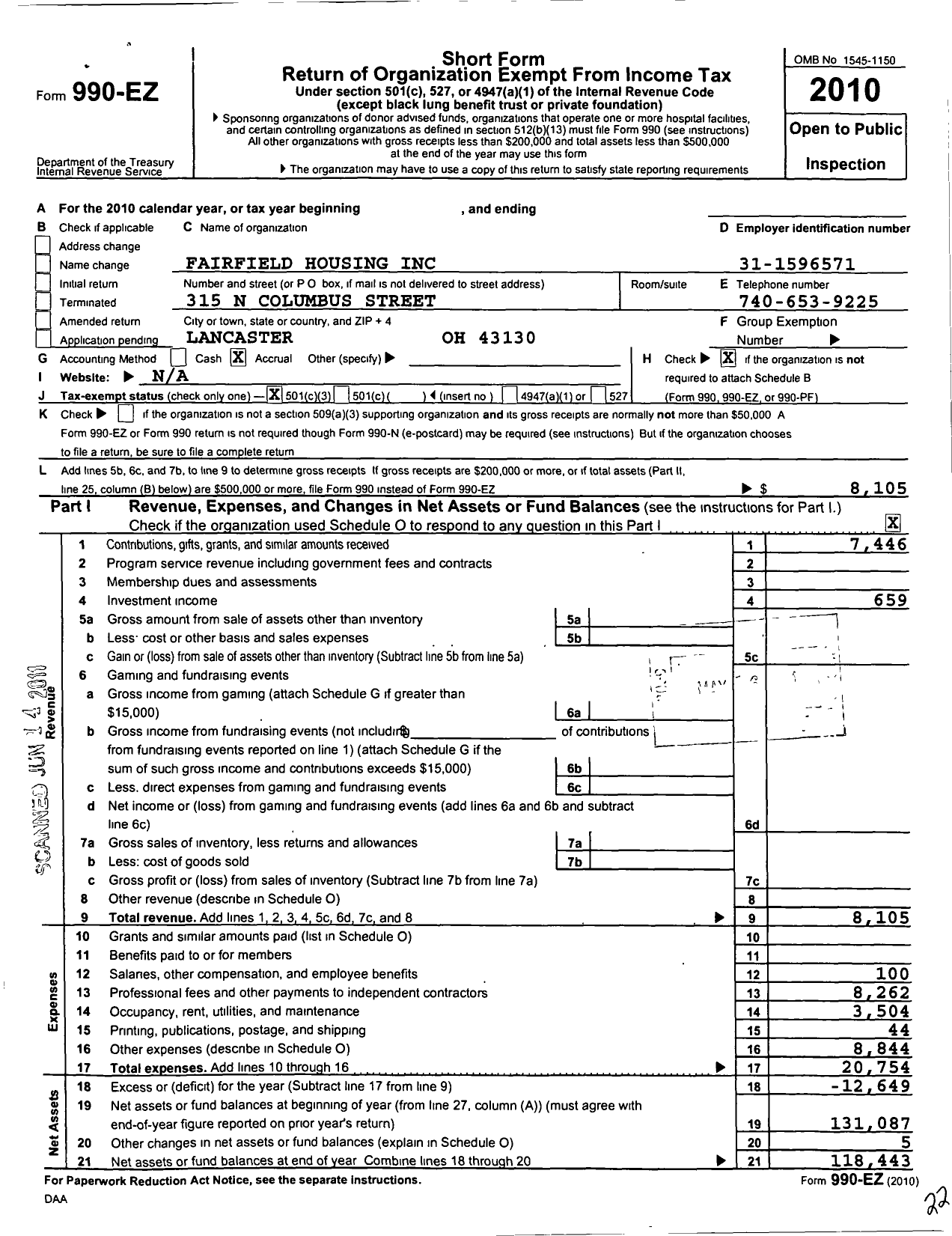 Image of first page of 2010 Form 990EZ for Fairfield Housing