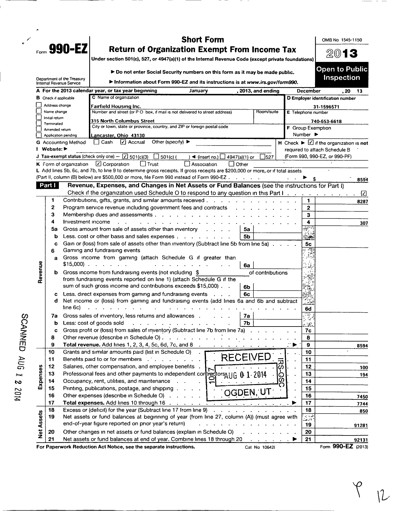 Image of first page of 2013 Form 990EZ for Fairfield Housing