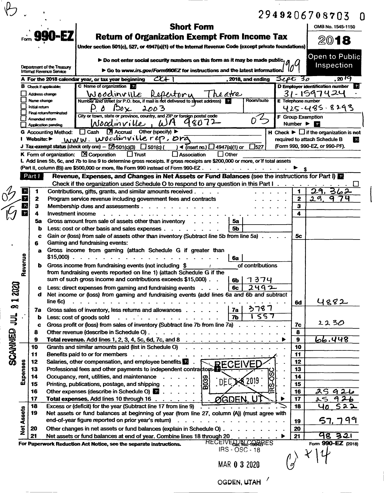 Image of first page of 2018 Form 990EZ for Woodinville Repertory Theater