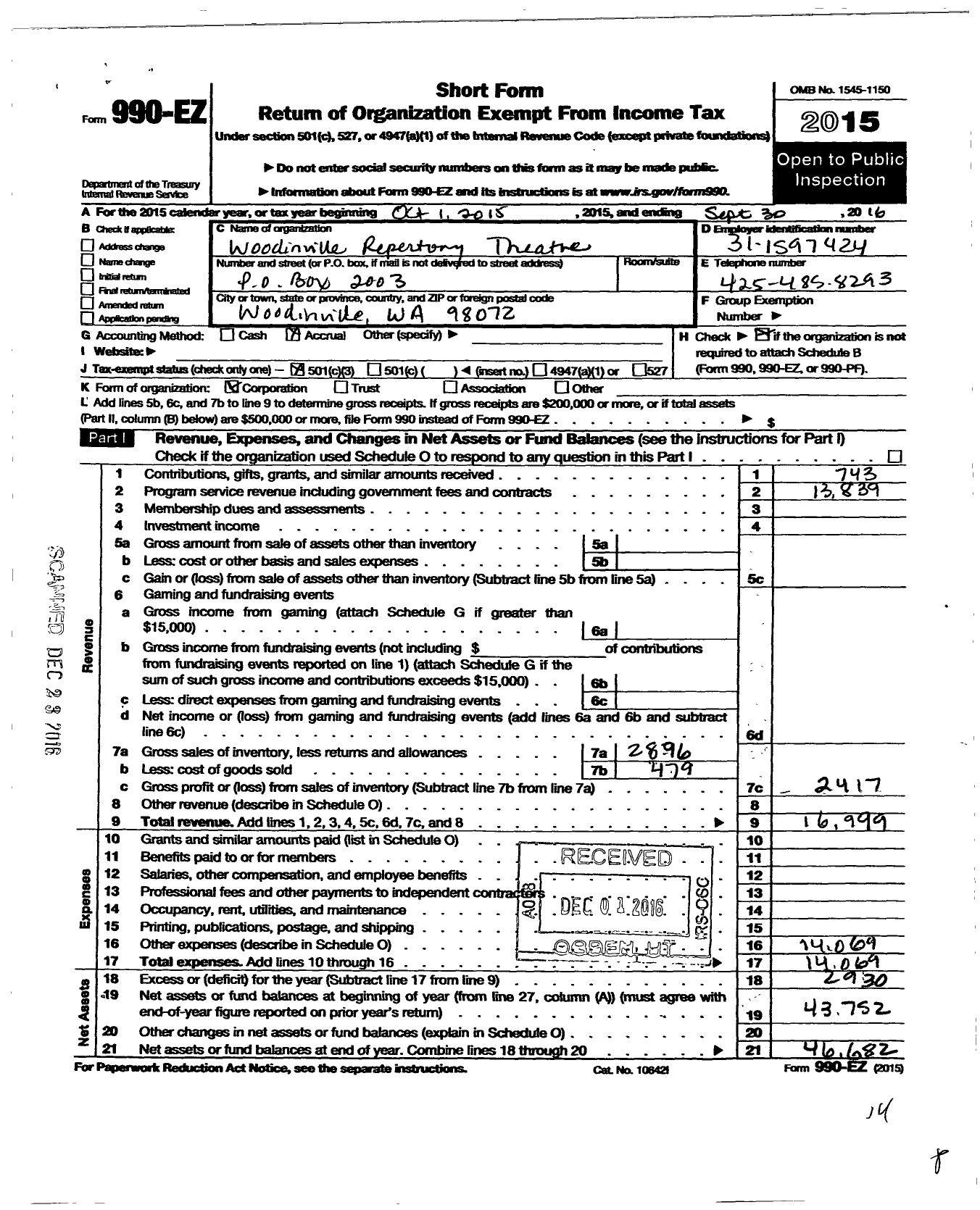 Image of first page of 2015 Form 990EZ for Woodinville Repertory Theater