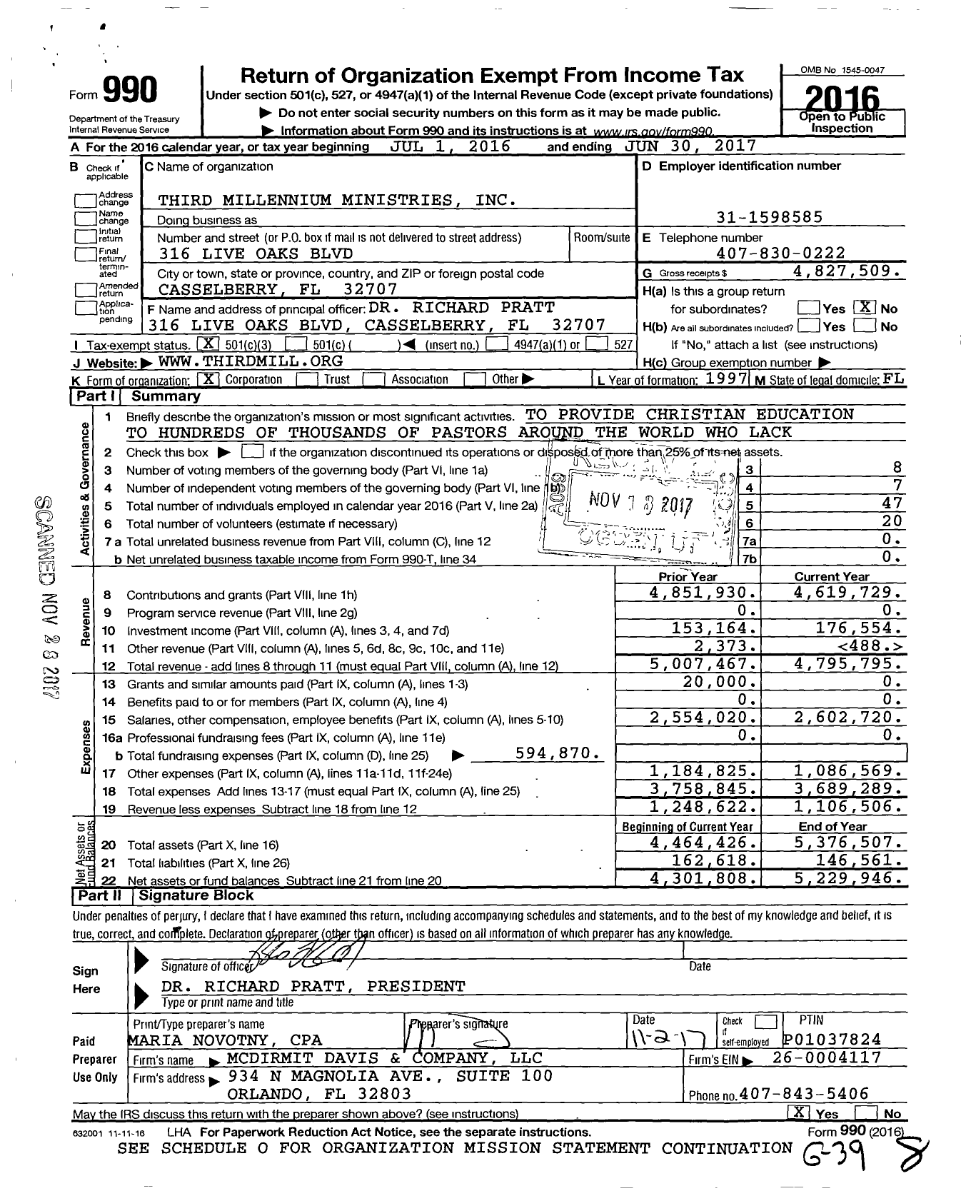 Image of first page of 2016 Form 990 for Third Millennium Ministries
