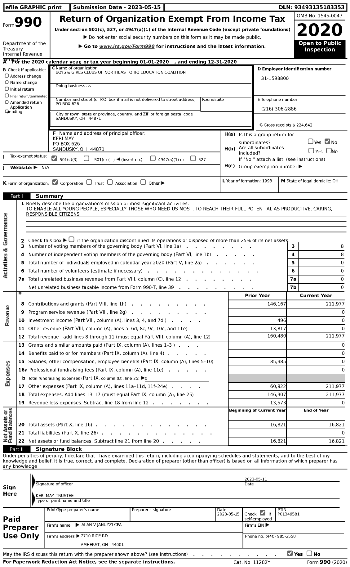 Image of first page of 2020 Form 990 for Boys and Girls Clubs of Northeast Ohio Education Coalition