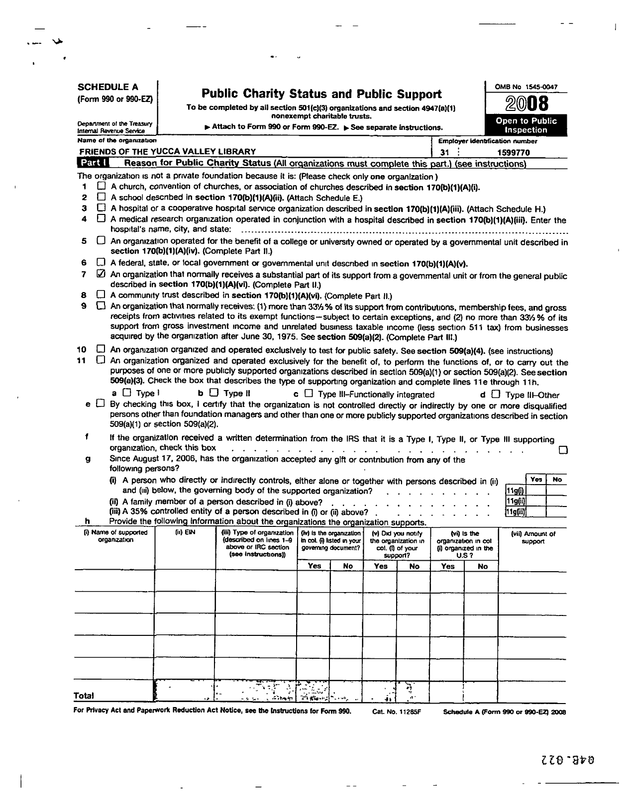 Image of first page of 2008 Form 990R for Friends of the Yucca Valley Library