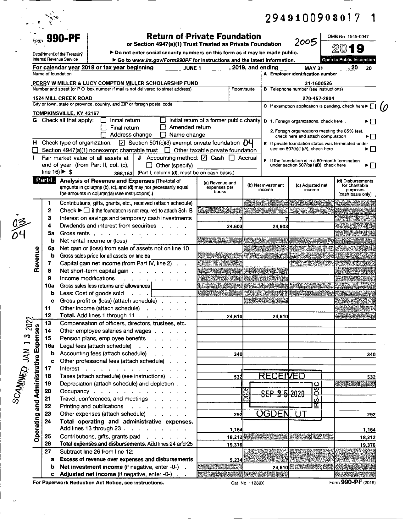Image of first page of 2019 Form 990PF for Perry W Miller and Lucy Compton Miller Scholarship Fund