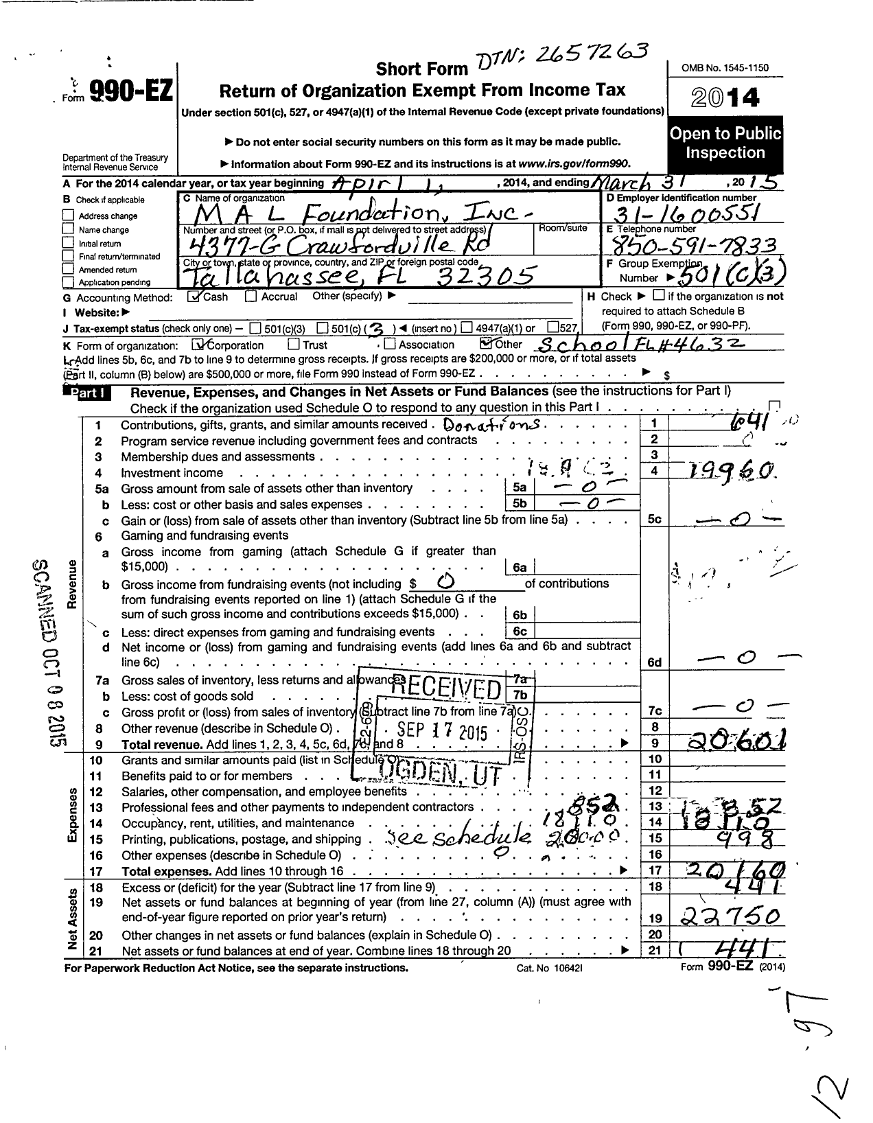 Image of first page of 2014 Form 990EZ for M A L Foundation