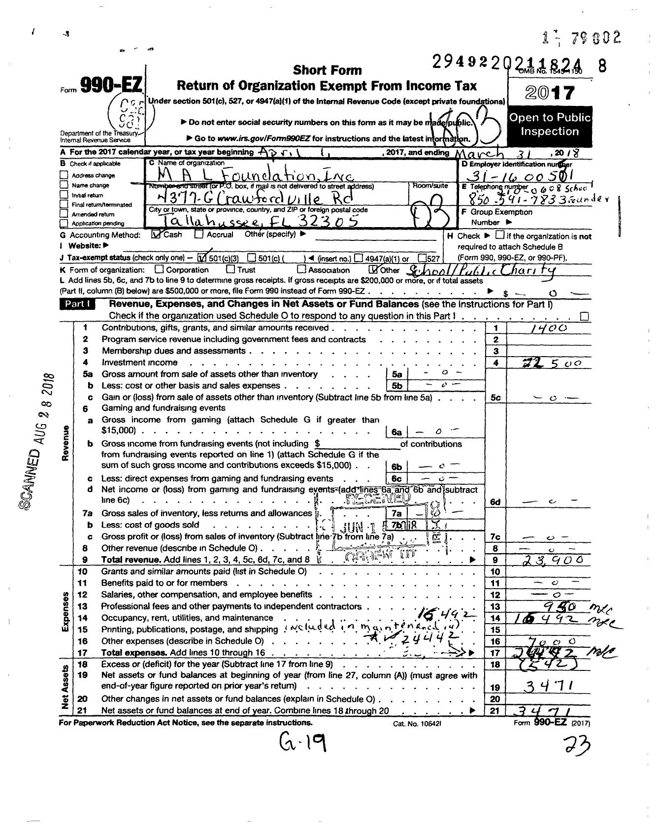 Image of first page of 2017 Form 990EZ for M A L Foundation