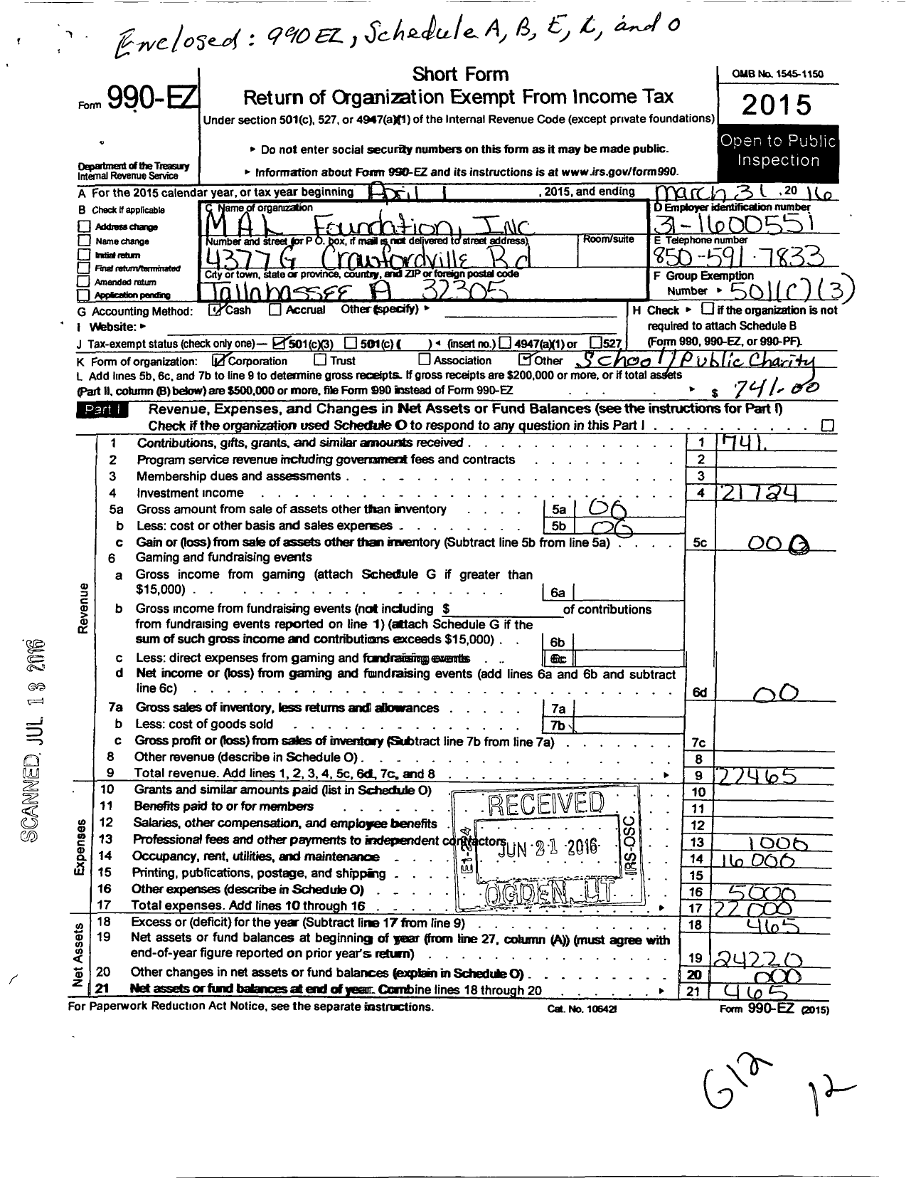 Image of first page of 2015 Form 990EZ for M A L Foundation