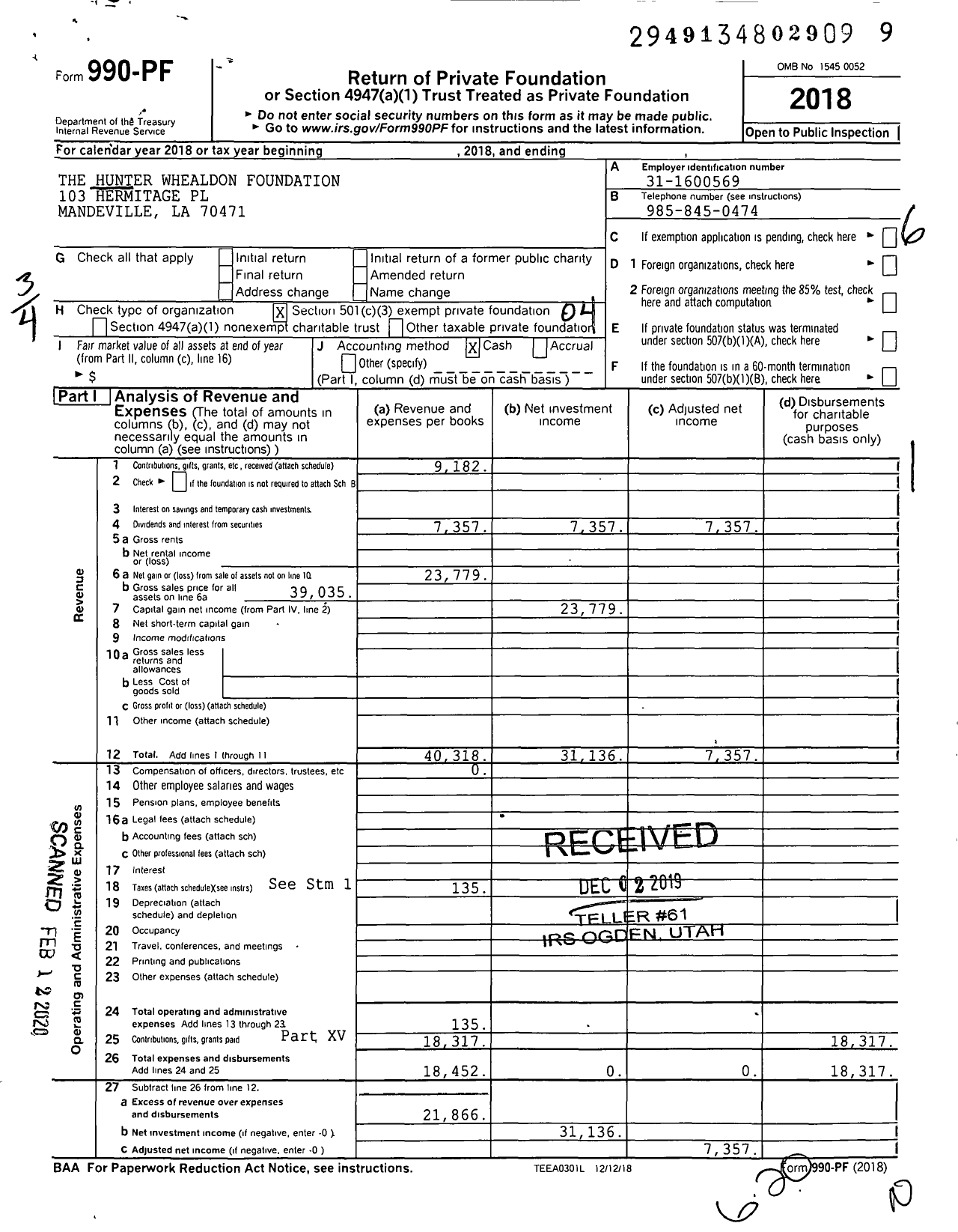 Image of first page of 2018 Form 990PF for The Hunter Whealdon Foundation
