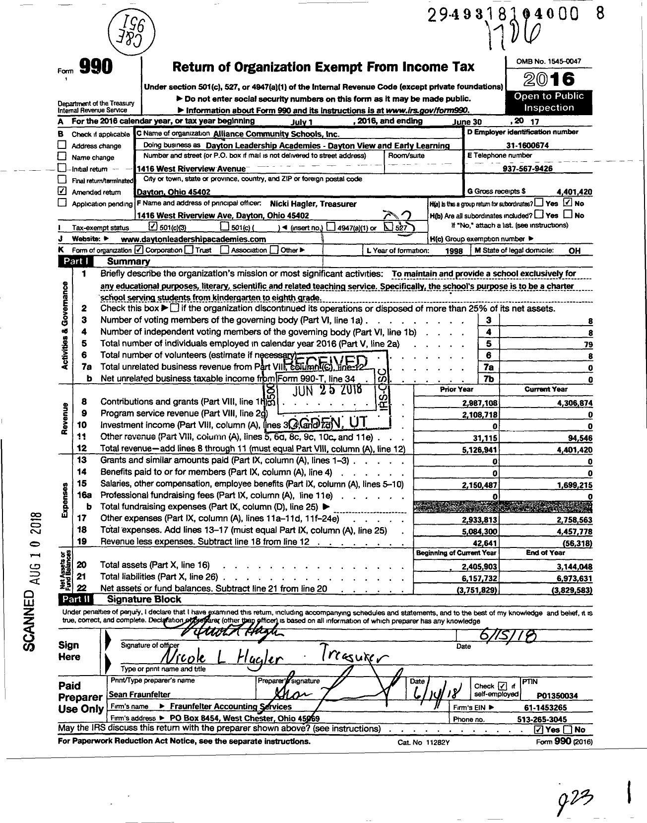 Image of first page of 2016 Form 990 for Alliance Community Schools Inc Dayton Leadership Academies - Dayton View