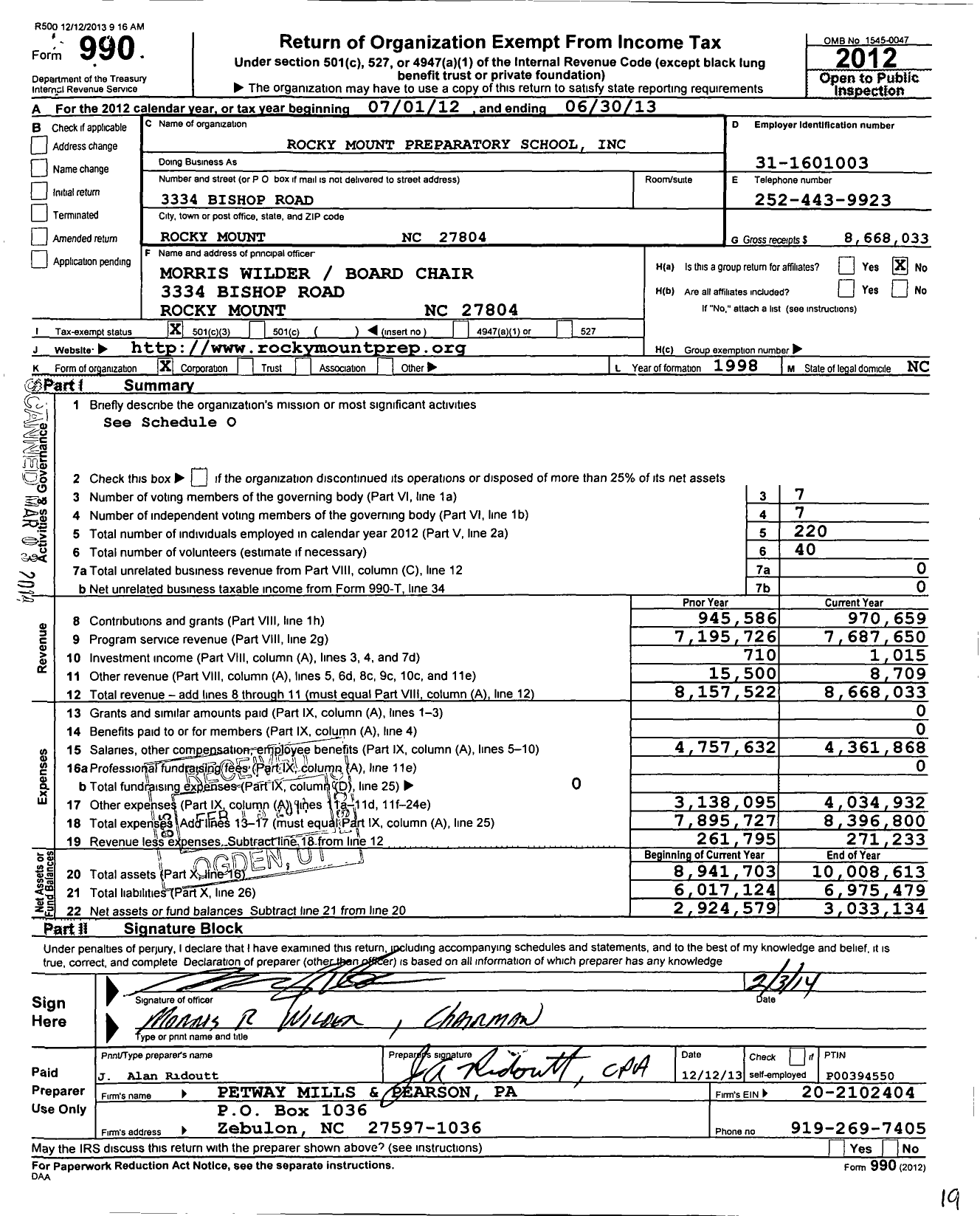 Image of first page of 2012 Form 990 for Rocky Mount Prep (RMP)