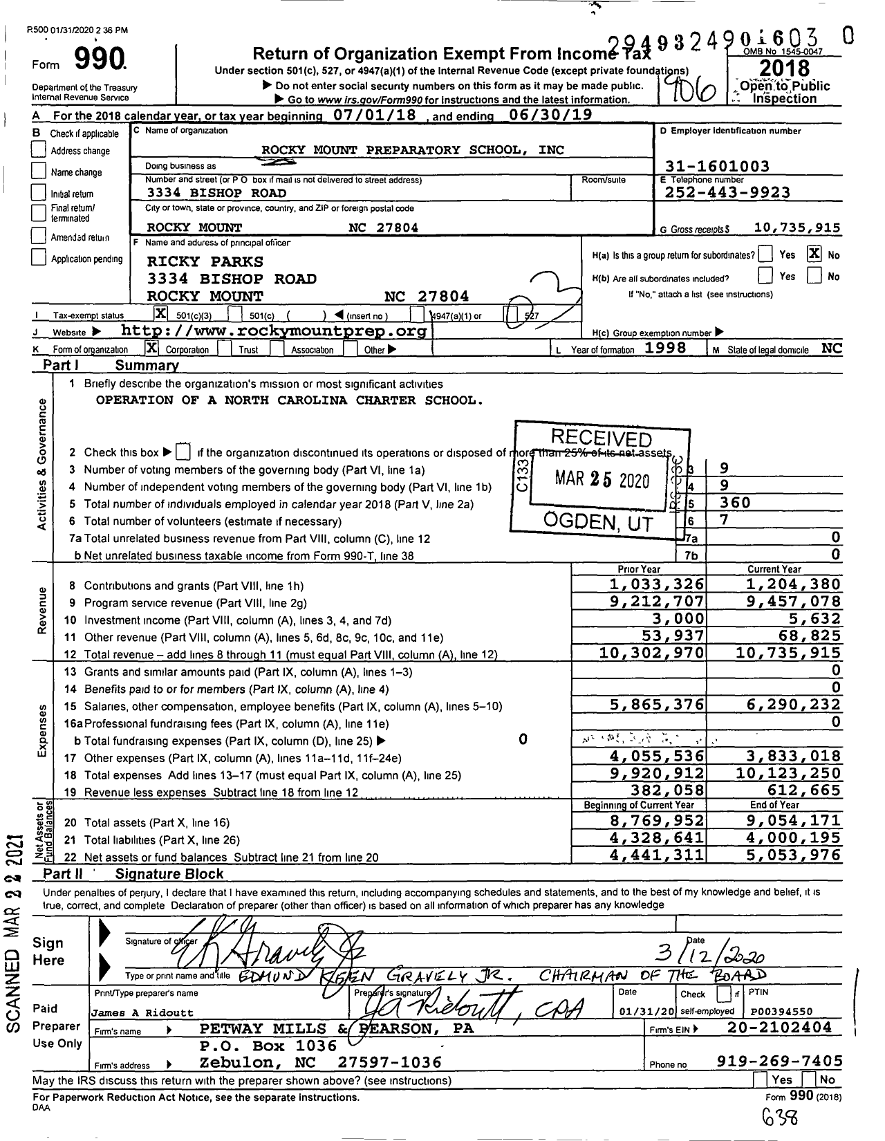 Image of first page of 2018 Form 990 for Rocky Mount Prep (RMP)