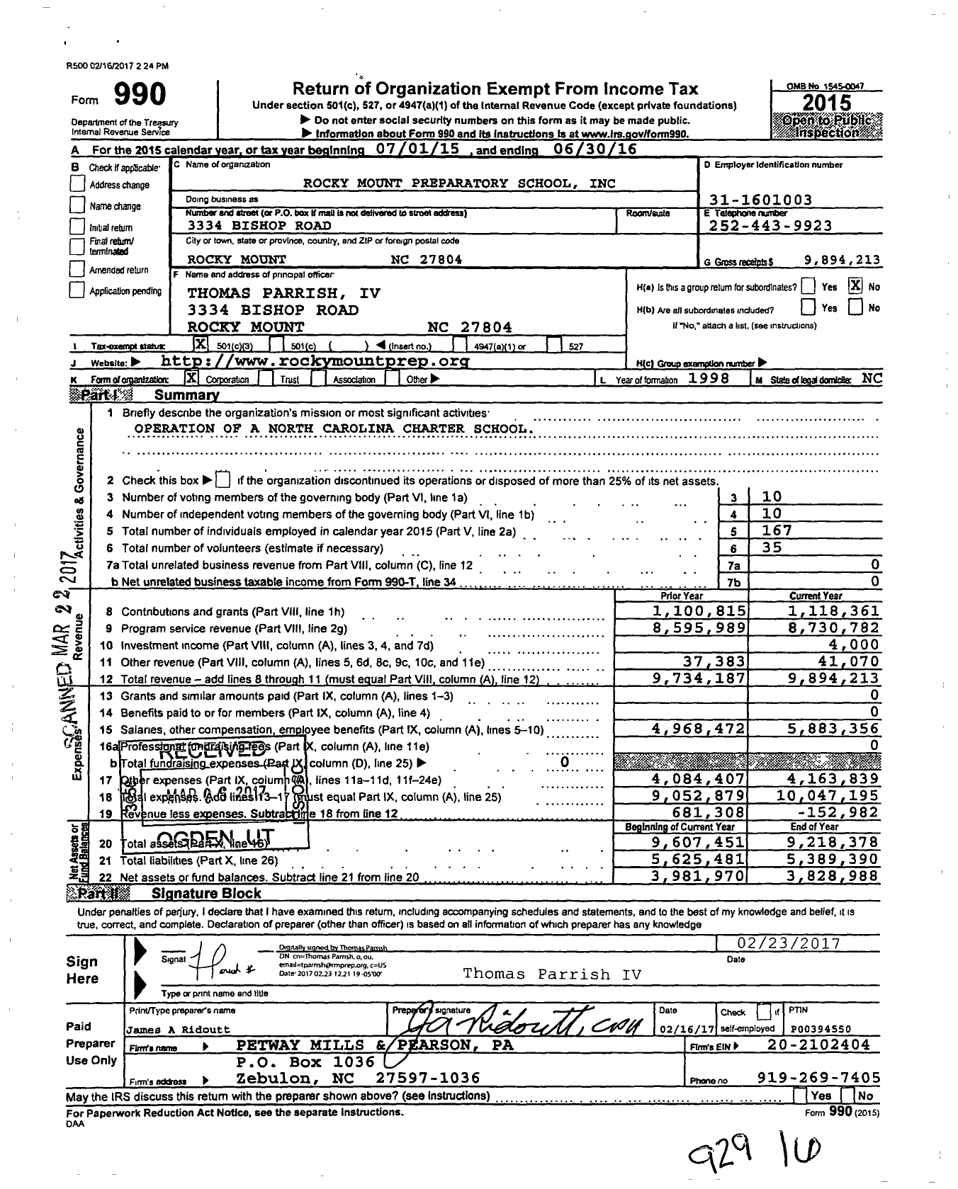 Image of first page of 2015 Form 990 for Rocky Mount Prep (RMP)