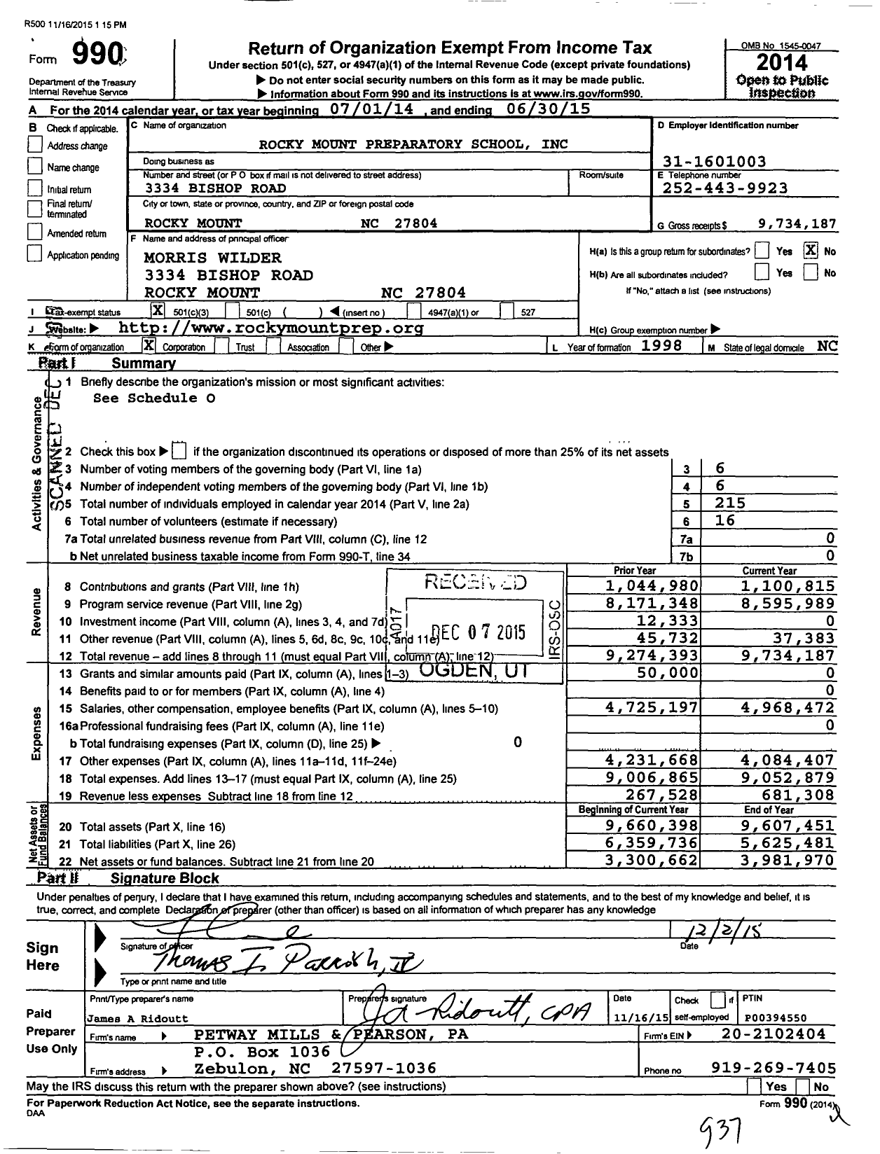 Image of first page of 2014 Form 990 for Rocky Mount Prep (RMP)