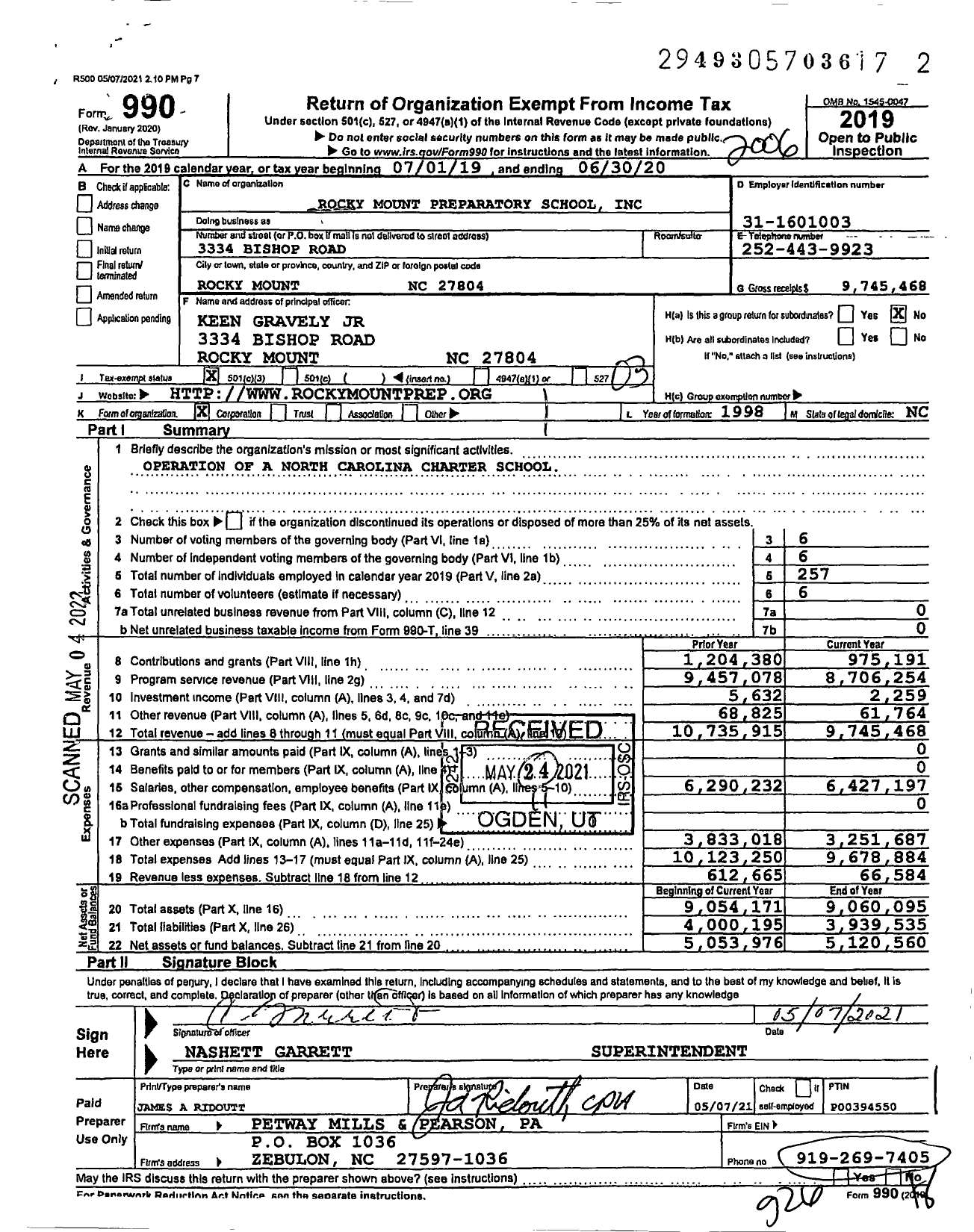 Image of first page of 2019 Form 990 for Rocky Mount Prep (RMP)