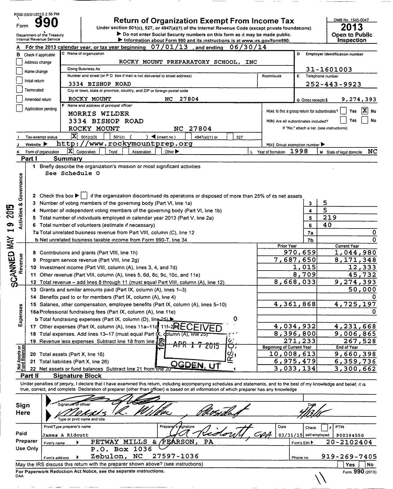 Image of first page of 2013 Form 990 for Rocky Mount Prep (RMP)