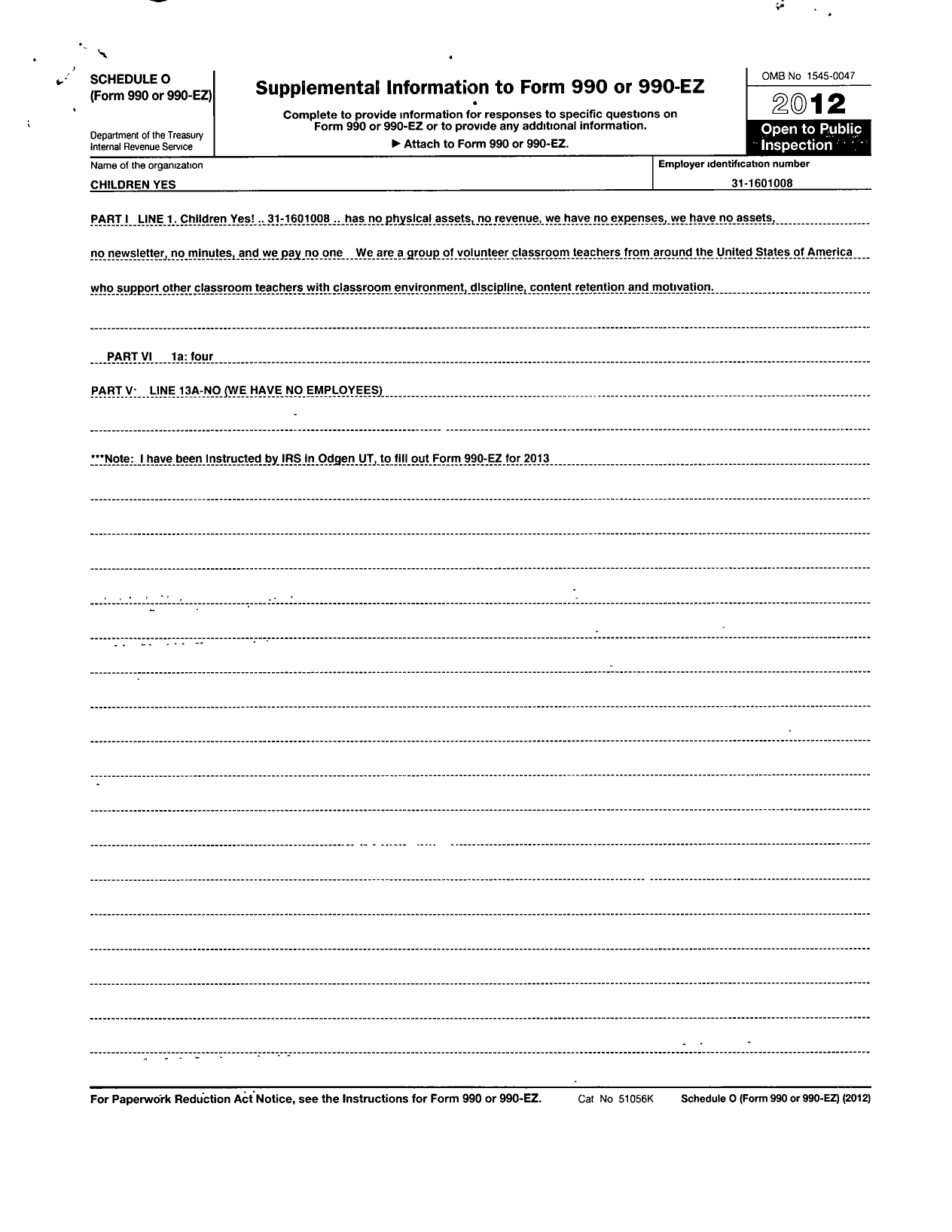 Image of first page of 2012 Form 990R for Children Yes