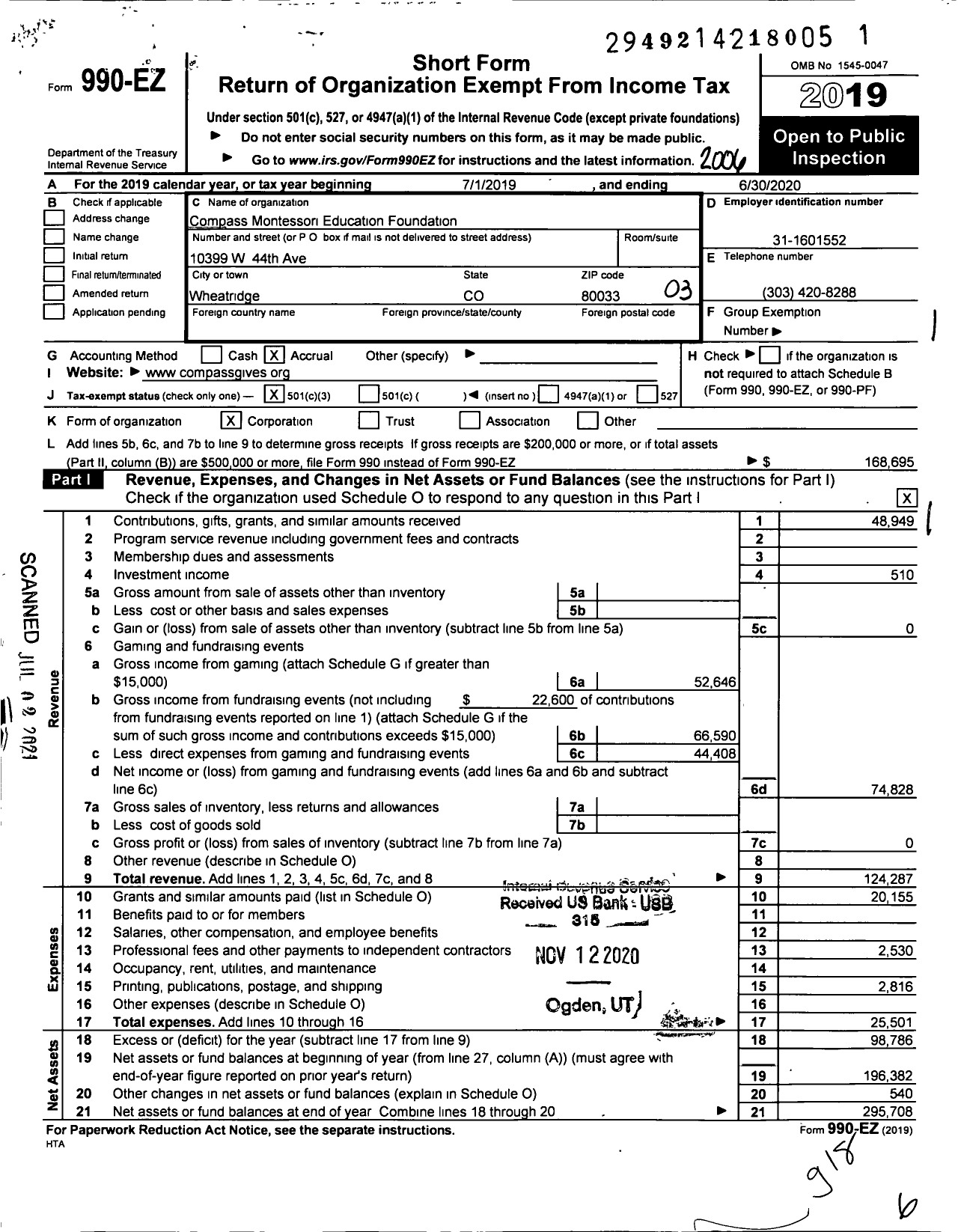 Image of first page of 2019 Form 990EZ for Compass Montessori Education Foundation