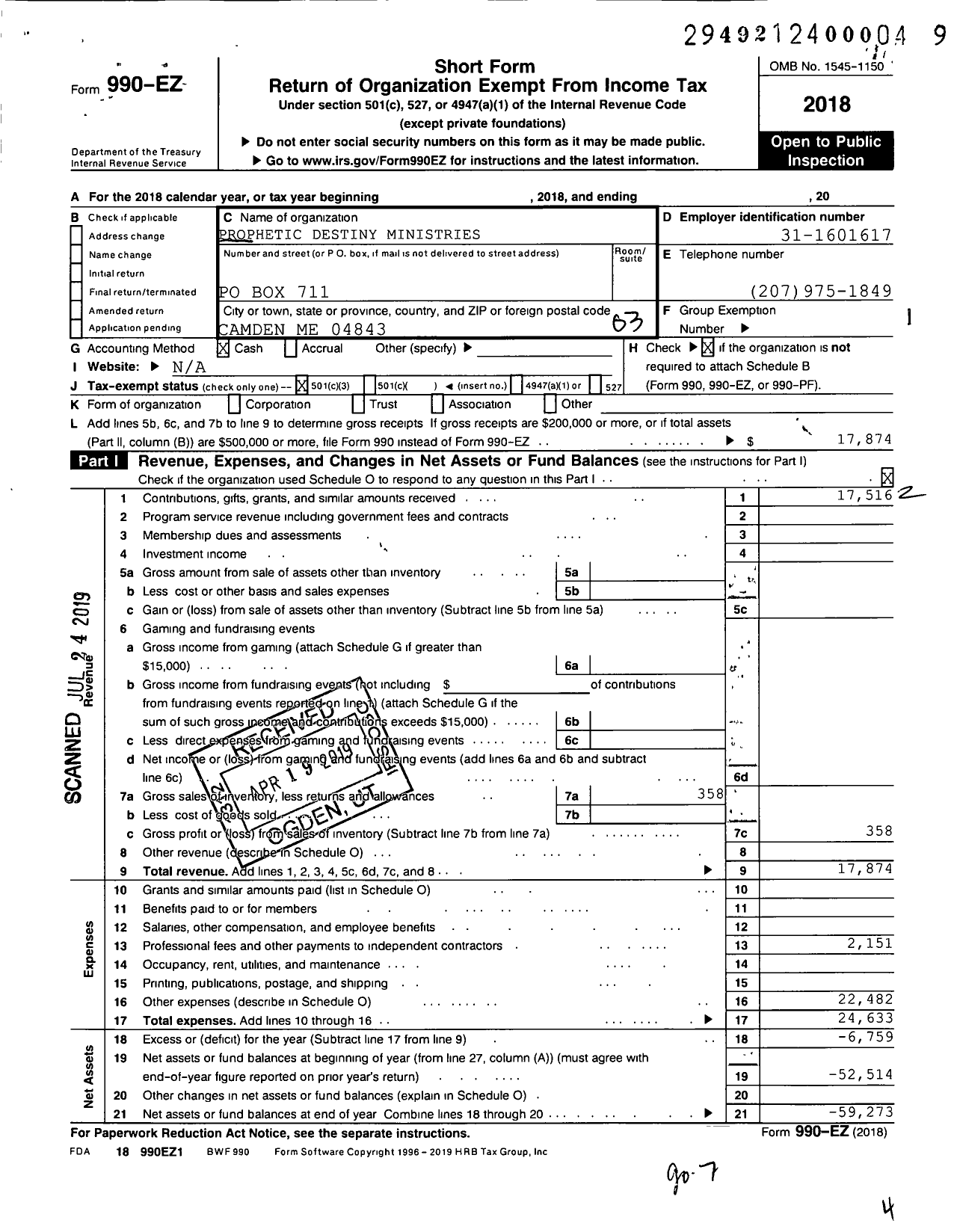 Image of first page of 2018 Form 990EZ for Eastgate Ministries