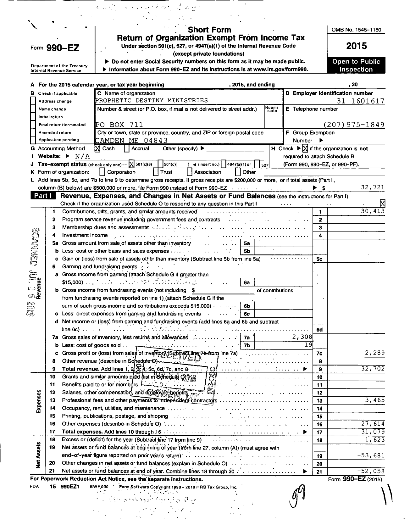 Image of first page of 2015 Form 990EZ for Eastgate Ministries